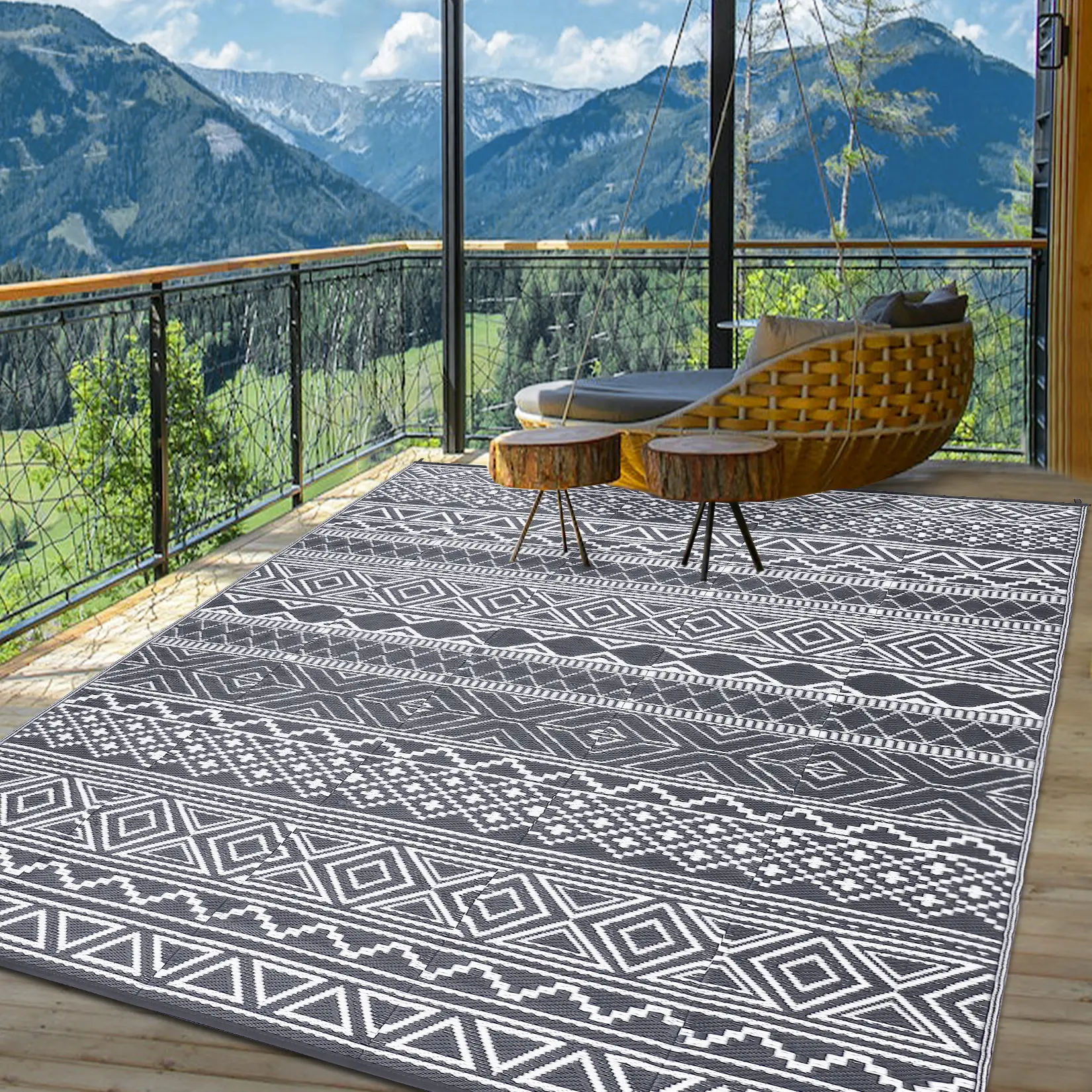 Waterproof Rugs  Reversible Outdoor Rug for Patio, RV and Camping - Lightweight Non-Slip All-Weather Carpet - Indoor/Outdoor Mat, Green Yellow