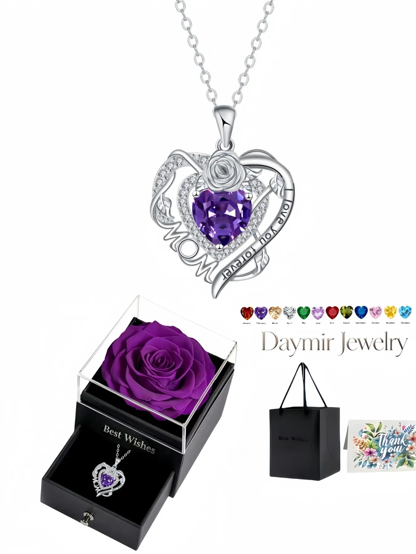 "Rose Heart Eternal Mom" Original heart 12 birthstone rose pendant necklace with glittering gems. Packaged in purple simulated preserved rose box, ideal gift for birthdays, Mother’s Day, Valentine’s Day and Christmas.
