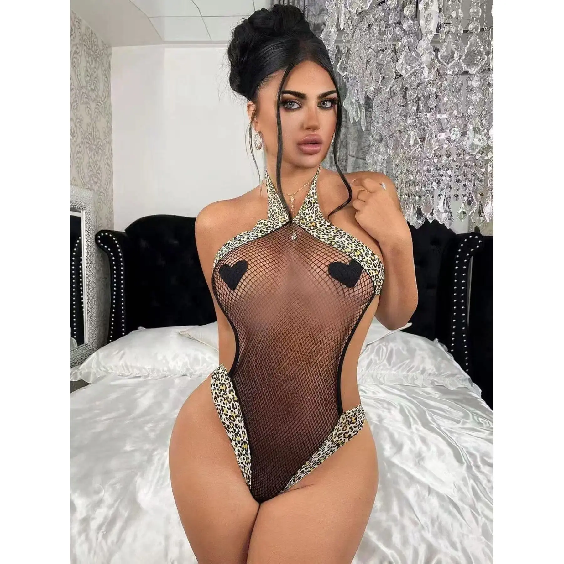 Women's Sexy Halter Bodysuit, Stretchy Lingerie, High-Stretch Leopard Print & Fishnet Design, Ideal for Gifting, Parties, Nightclub Wear, Fits 40-75 Kg