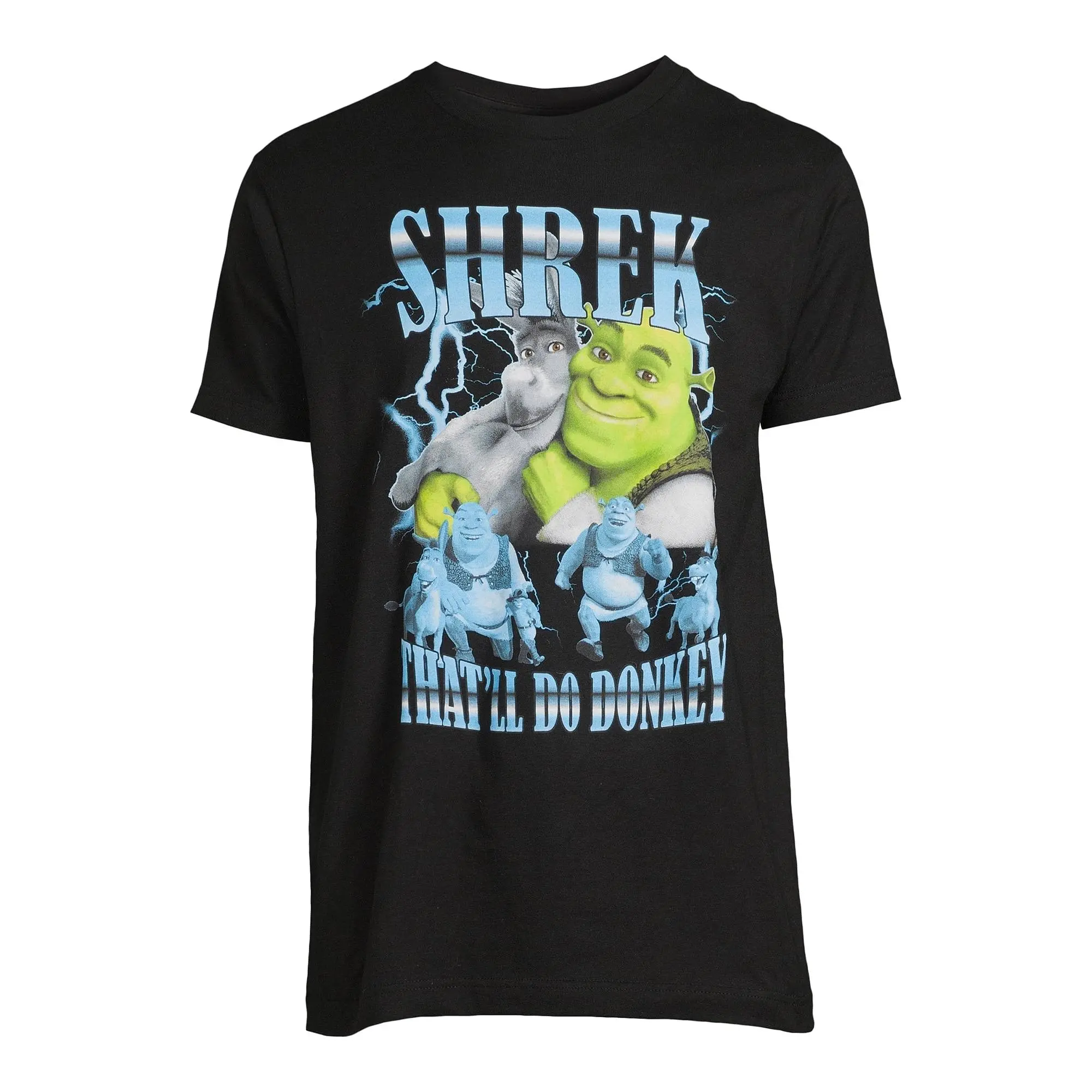 Vintage Lightning Background Shrek And Donkey Multi Character Collage Top Bottom Metallic Blue Bold Letter That’ll Do Donkey Slogan Graphic Crew Neck Short Sleeve Knit Pullover Regular Fit Casual Daily Outfit All Season Mens Classic Dreamworks Cartoon Mov