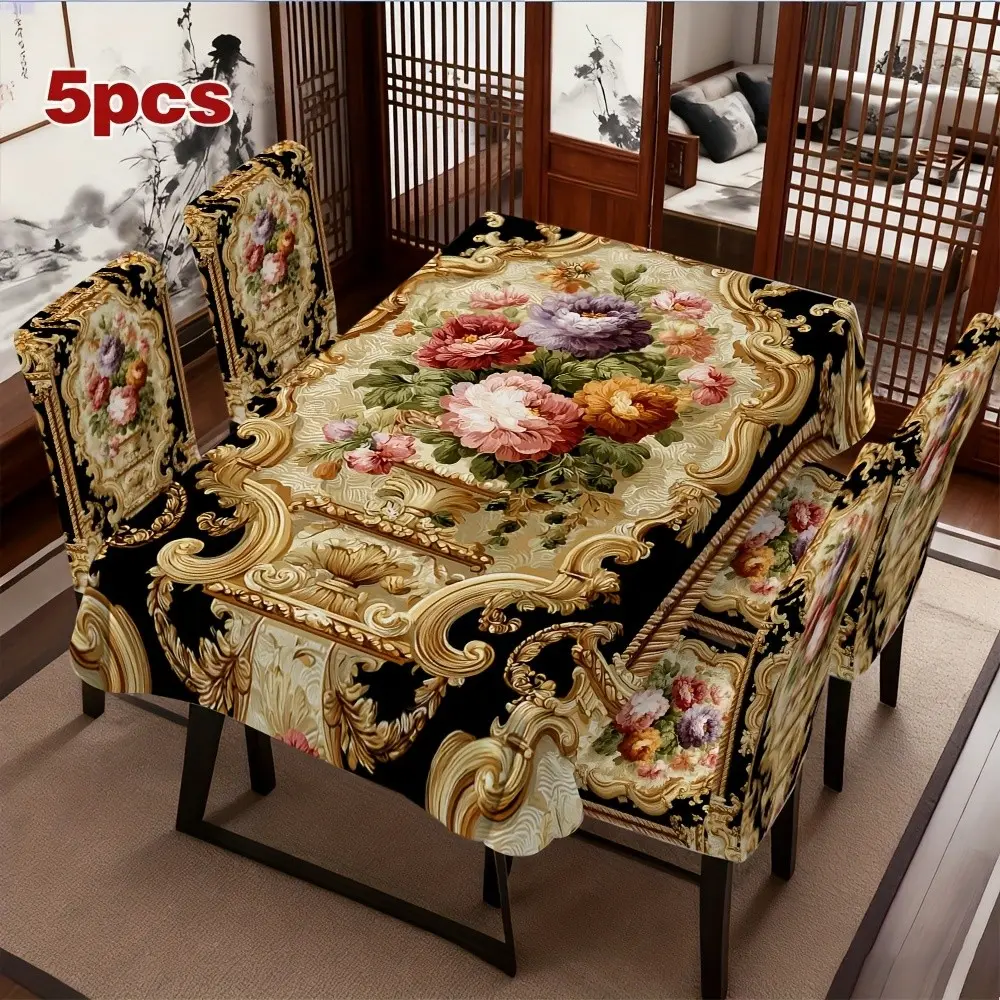 Baroque Floral Design Tablecloth Chair Cover Set, 4/5/6/7 Pieces, Washable, Suitable for Home, Hotel, Party, Gift Occasions