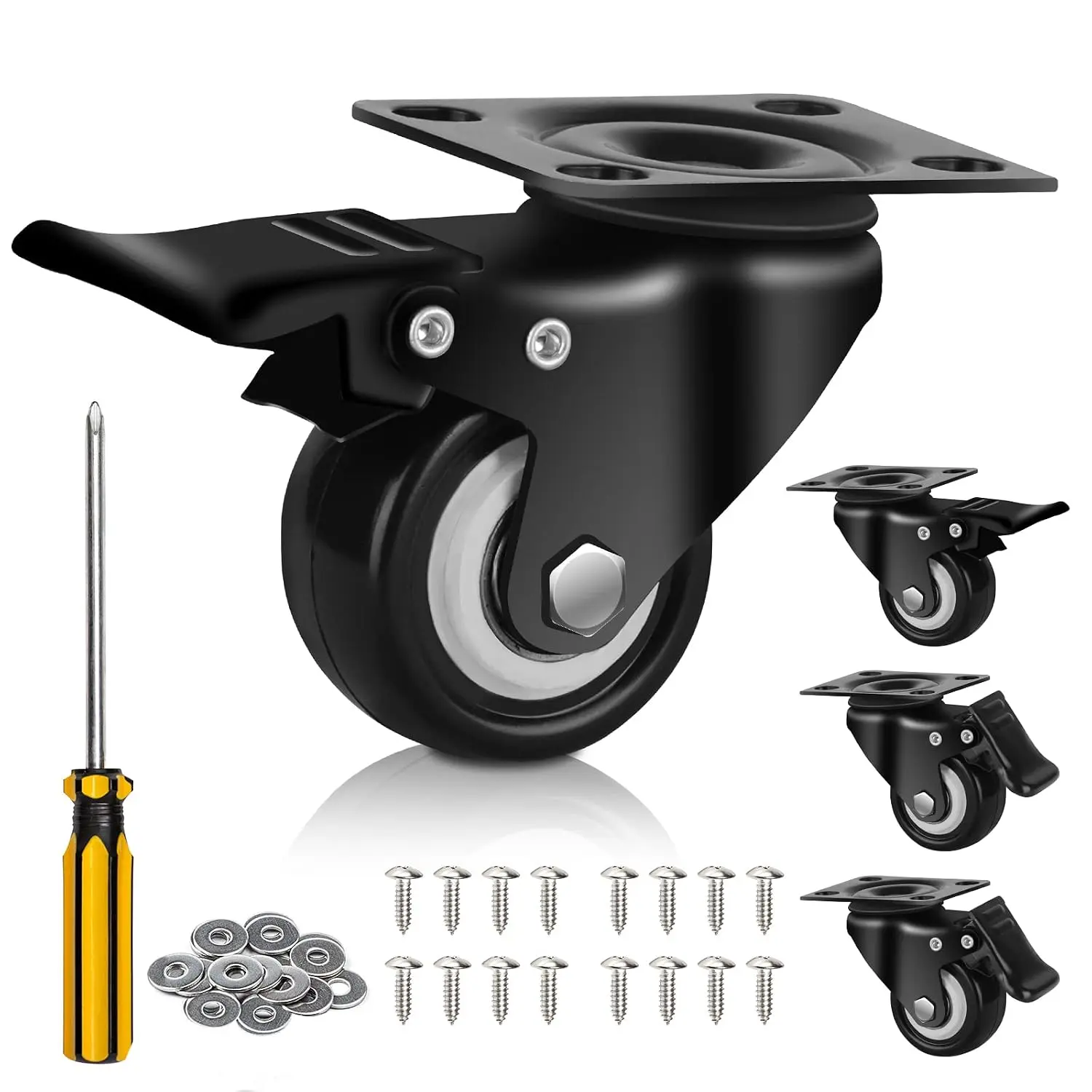 2" Caster Wheels, Casters Set of 4 Heavy Duty but Silent, Excellent Locking Casters with Polyurethane (PU) Wheels, Swivel Plate Castor Wheels for Cart, Furniture, Workbench