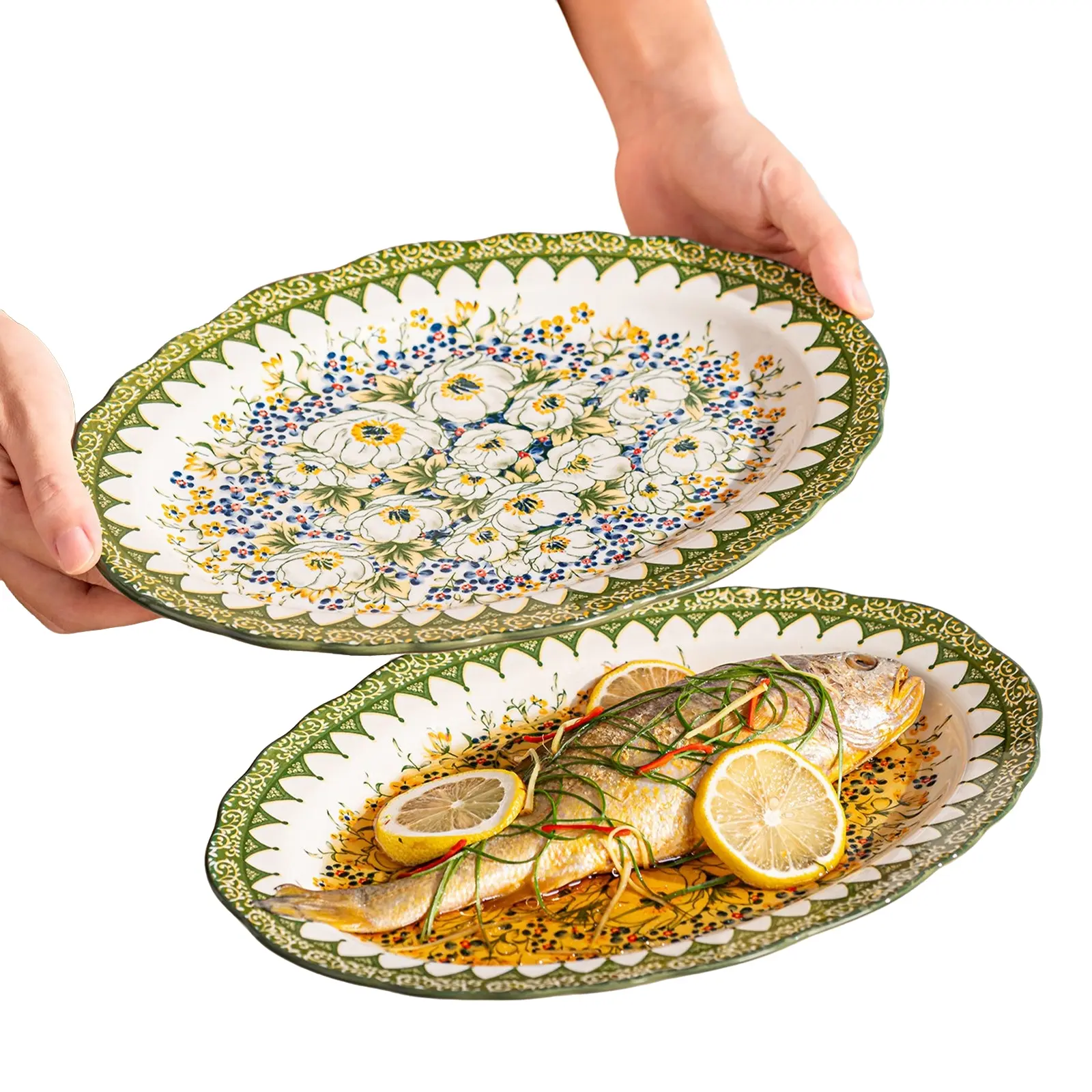 2/4 pieces of 12-inch ceramic long plates, fish plates, Flower plates, serving plates, in retro green with jasmine patterns, featuring vintage blend. Machine-washable, microwave-safe, suitable for most food