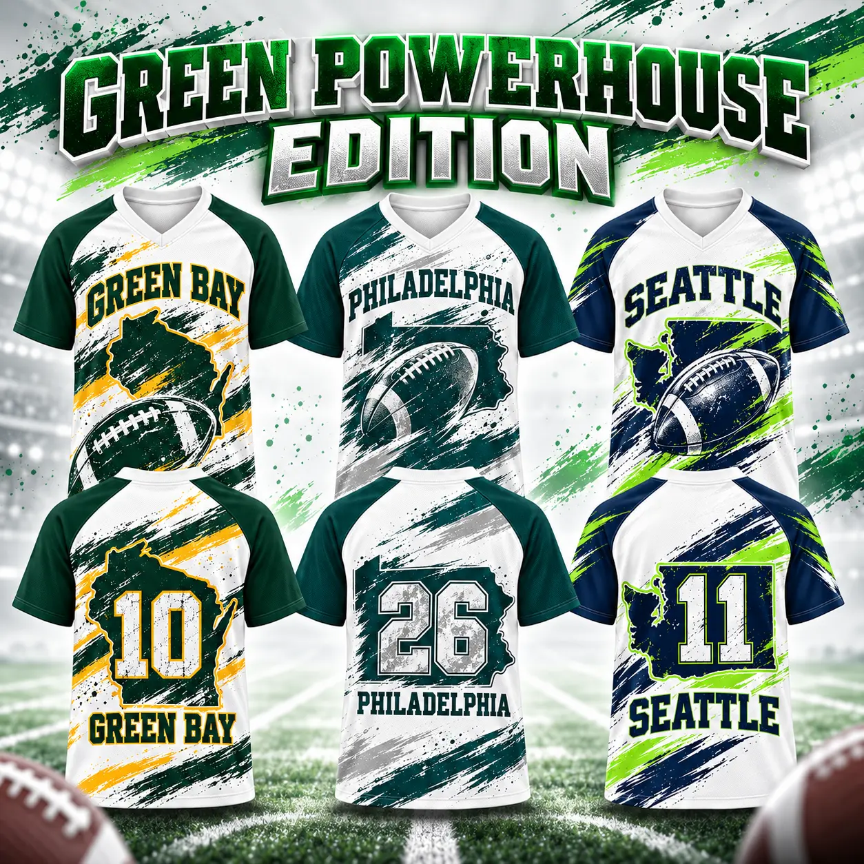 Green Powerhouse Edition Football V-Neck Jersey for Men and Women, Green Bay, Philadelphia and Seattle City Styles, Vintage Game Day Fan Gear, Short-Sleeve Sports Shirt with Bold Numbers and Front-and-Back Graphics for Casual Streetwear