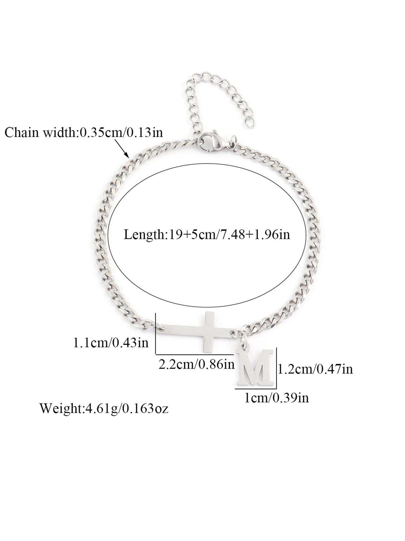 2026 New Men's Trendy Casual Bracelet, Simple Cross Charm and Letter Link Design, Fashion Bracelet for Daily Wear