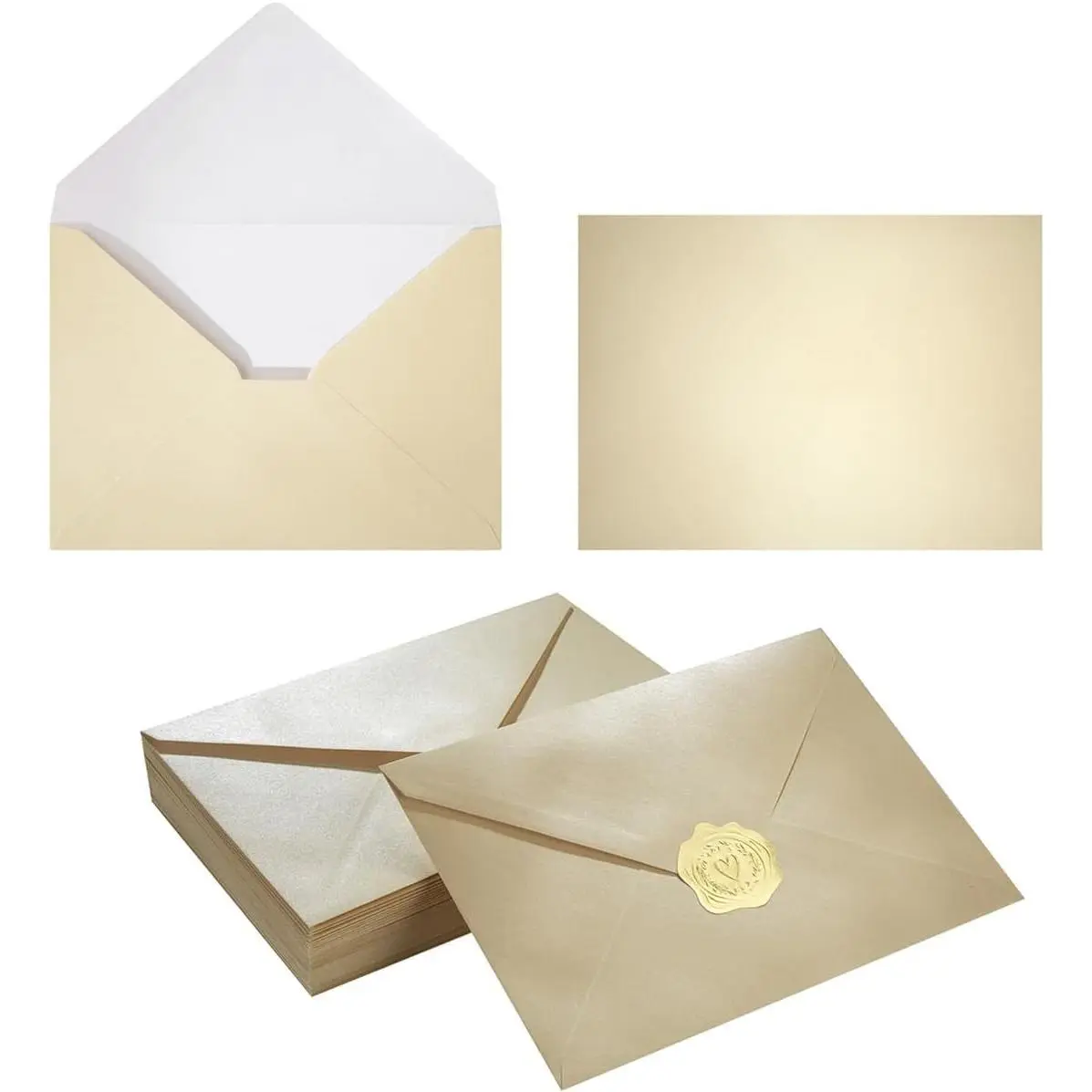 50 Pack Cream 5x7 Shiny Envelopes with Gold Stickers for Wedding Invitations, Graduation, Baby Shower & Greeting CardsGift