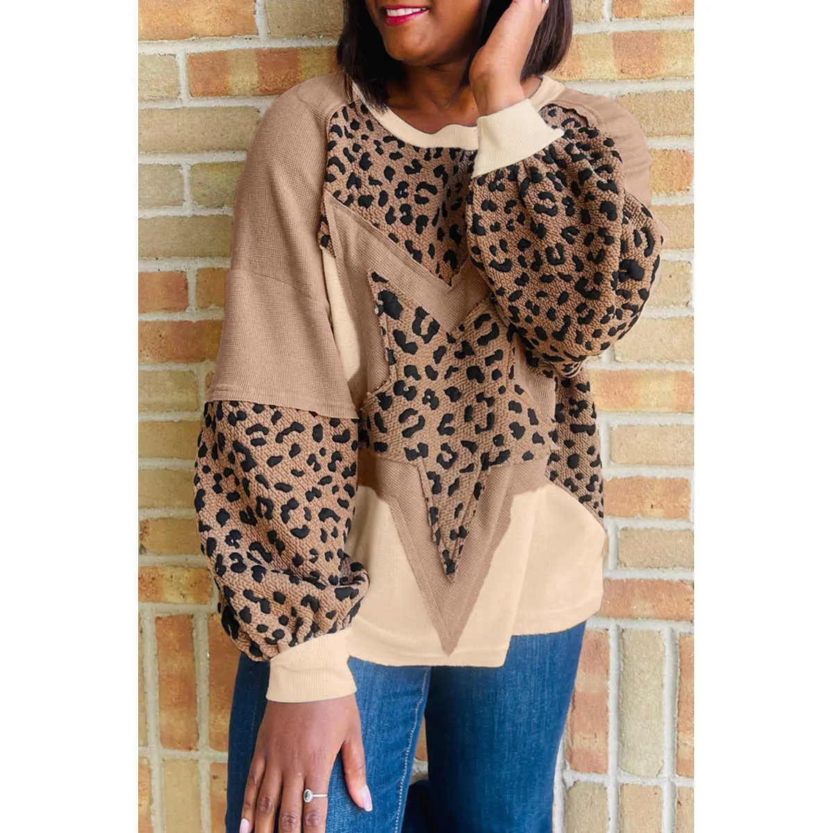 Women's Casual Leopard-Star Color-Block Patchwork Textured Baggy Sweatshirt - Comfortable Everyday Style with Premium Fabric, Fashion, Long Sleeve, Tops, Women's Fashion, Hoodie, Clothes, Textured Fabric, Cotton Blend, Baggy Cut