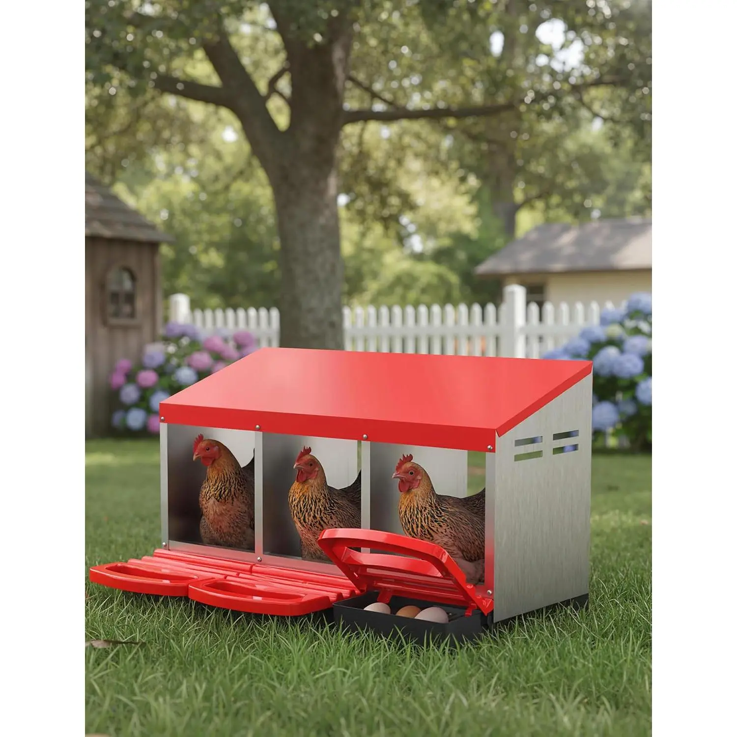 【Garvee】Metal Nesting Boxes for Chicken – 3 Compartment – Roll Away Chicken Laying Box with Pads, Removable Tray & Ventilation Holes, Easy Egg Collection – for Duck Coops and Hen Coops – Red
