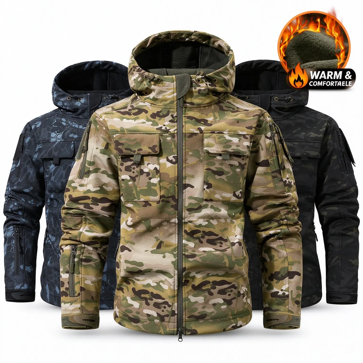 Men's Winter Camouflage Hooded Work Jacket, Fleece Lined Tactical Warm Cargo Coat, Soft Sherpa Outerwear for Work Hiking Daily Wear