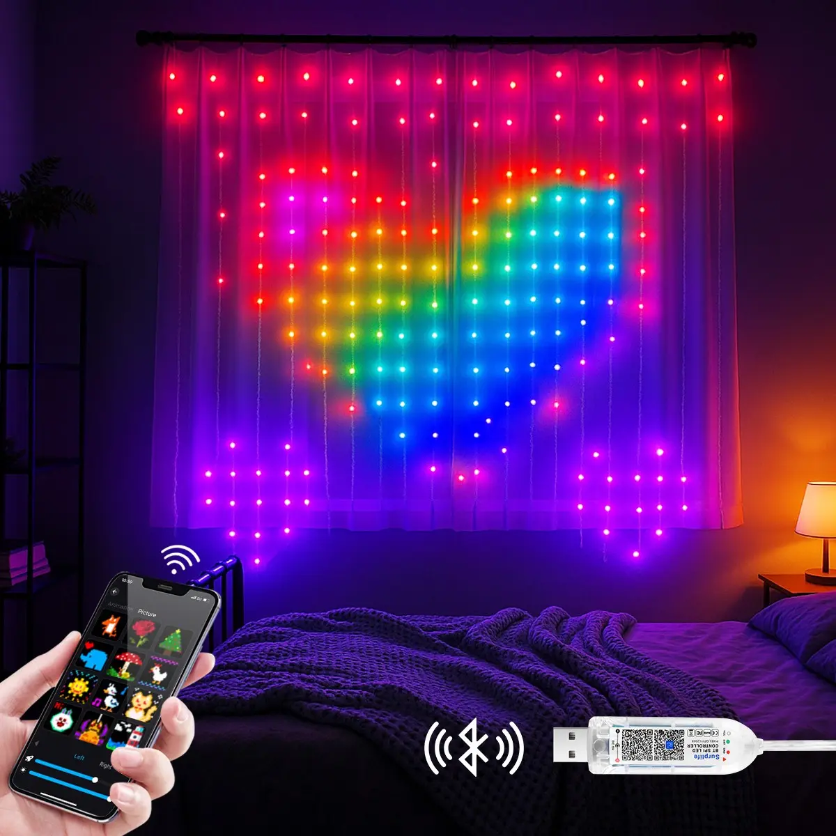 Smart Bluetooth-compatible APP DIY Text Animation LED Curtain Lights, USB 5v Powered, Rgbic Christmas Fairy Lights String, Music Sync, Party Decorations