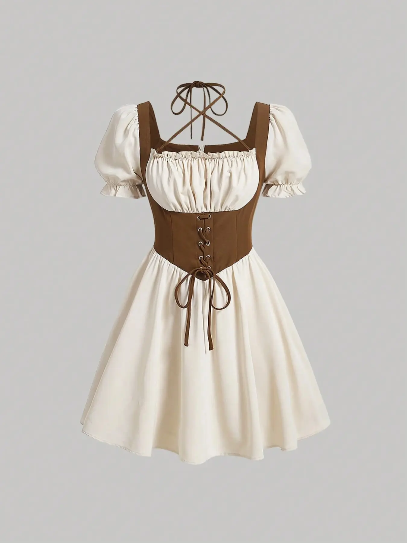 Vintage Colorblock Square Neck Bubble Sleeve Feminine Dress, Waist Cinch Belt Slim Fit, French Countryside Style, Short Princess Dress for Petite Women