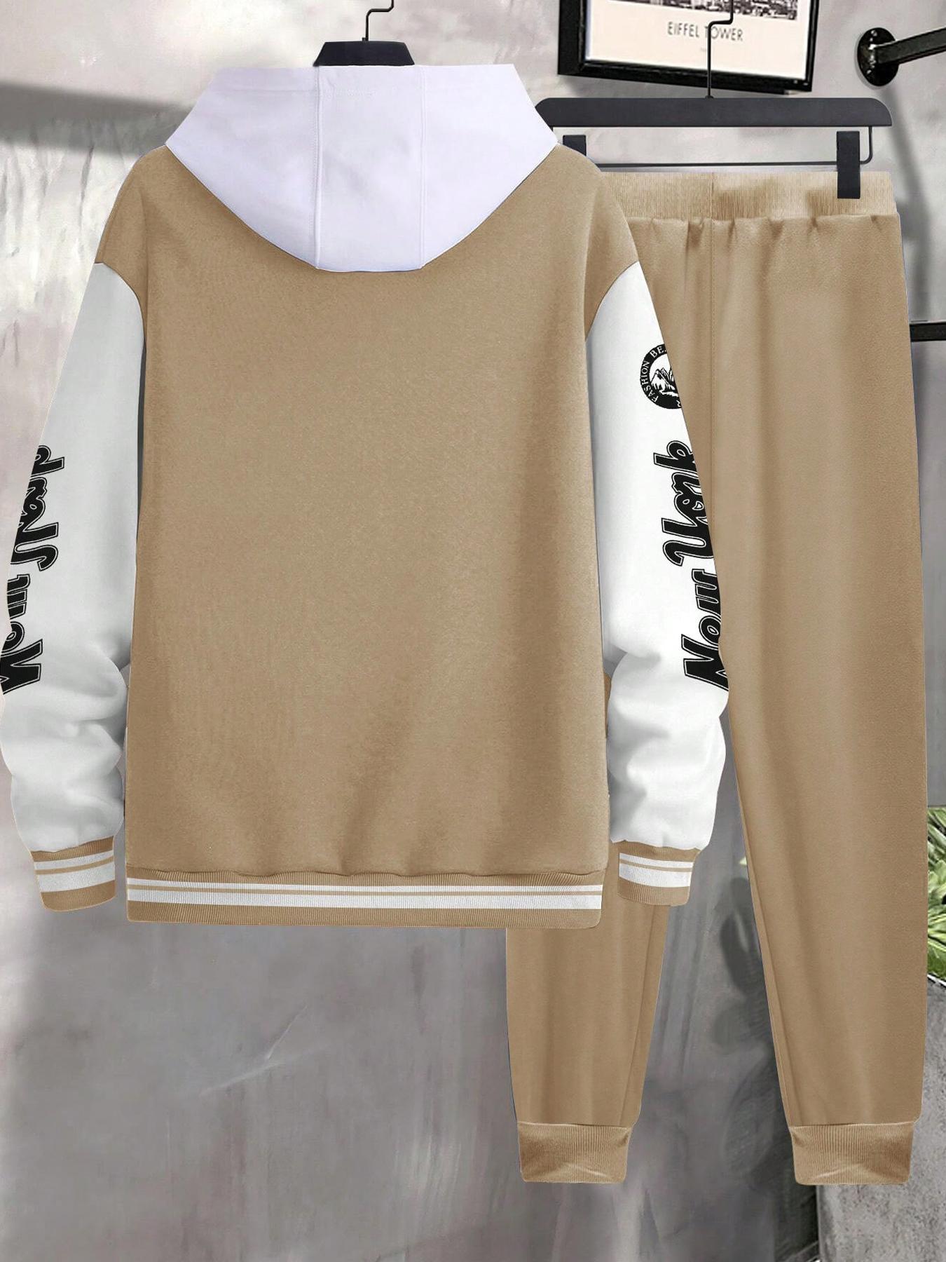 Two-Piece Set Matching Sets Men's Colorblock Letter Print Button Front Jacket & Drawstring Waist Sweatpants, Regular Fit Casual Long Sleeve Outerwear & Pocket Jogger Pants for Daily Wear, Men's Outfits for Fall & Winter