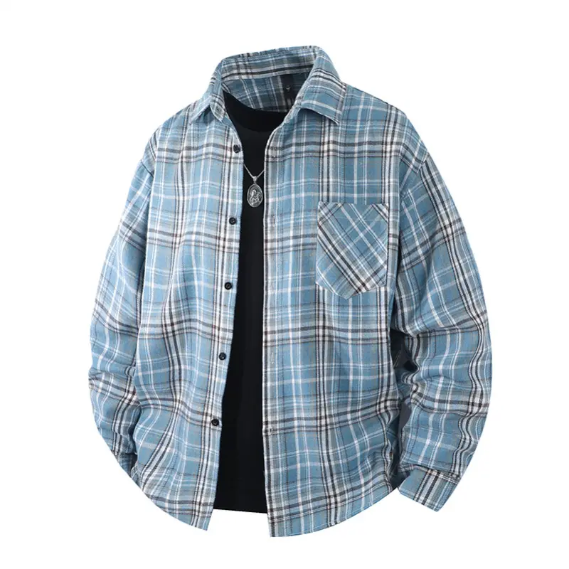 Men's Casual Plaid Overshirt, Relaxed Fit Long Sleeve Collared Button-Up with Drop Shoulder and Front Patch Pocket, Longsleeves, Vintage Casual