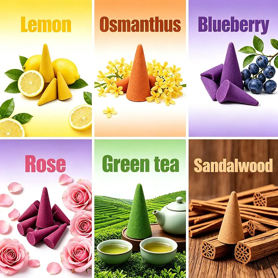 High-Quality 6 Mixed Scent Incense Cones, Lemon Osmanthus Blueberry Rose Tea, Long-Lasting Fragrance Home Aromatherapy for Home Office Yoga Parties