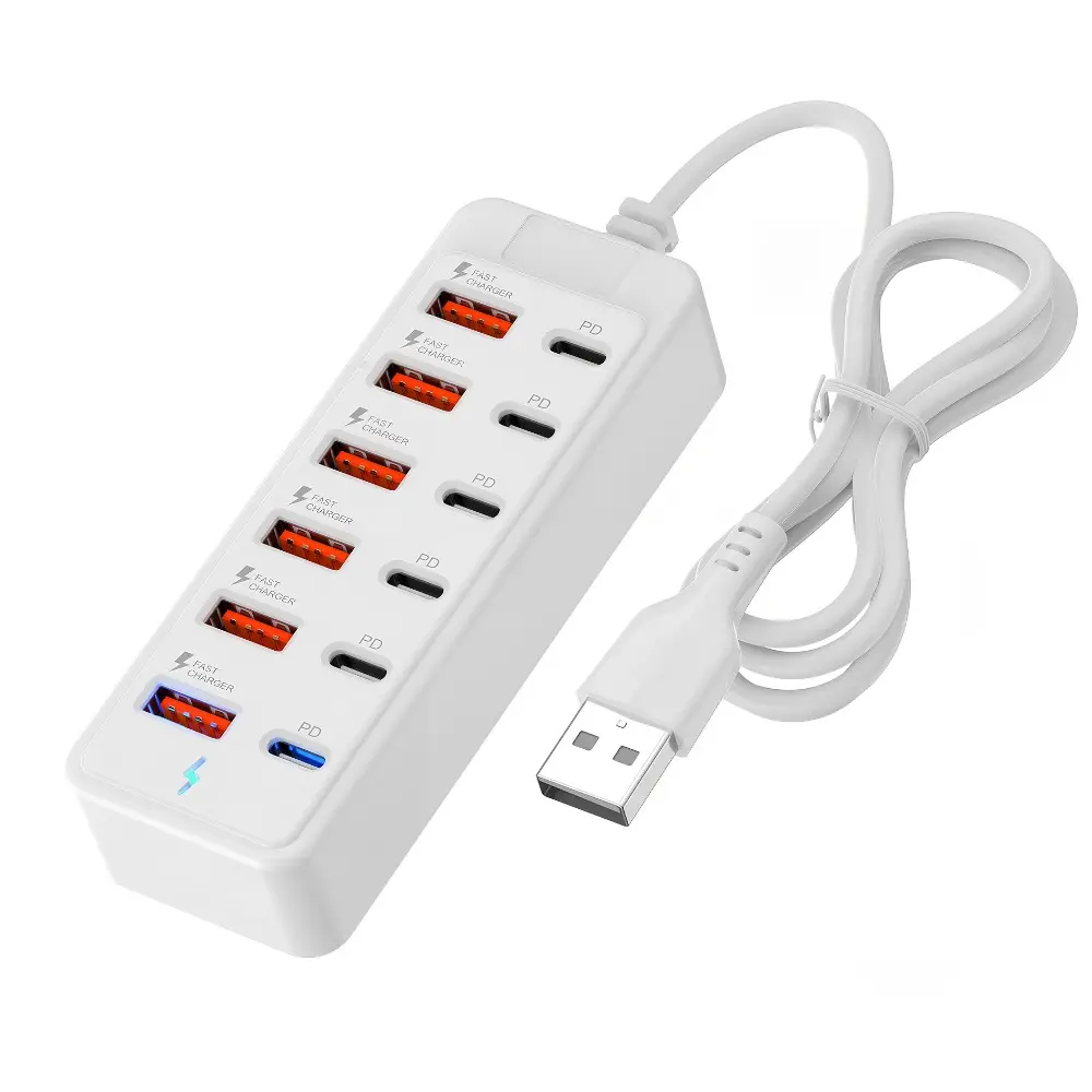 12-Port USB Fast Charging Station - Equipped with 66W PD Fast Charging Technology, 6 USB-A Ports And 6 Type-C Ports, 37.4-Inch Thickened Extension Cord, Compact Charging Station Suitable for Home Office/Workstation, Smart Devices, Tablets