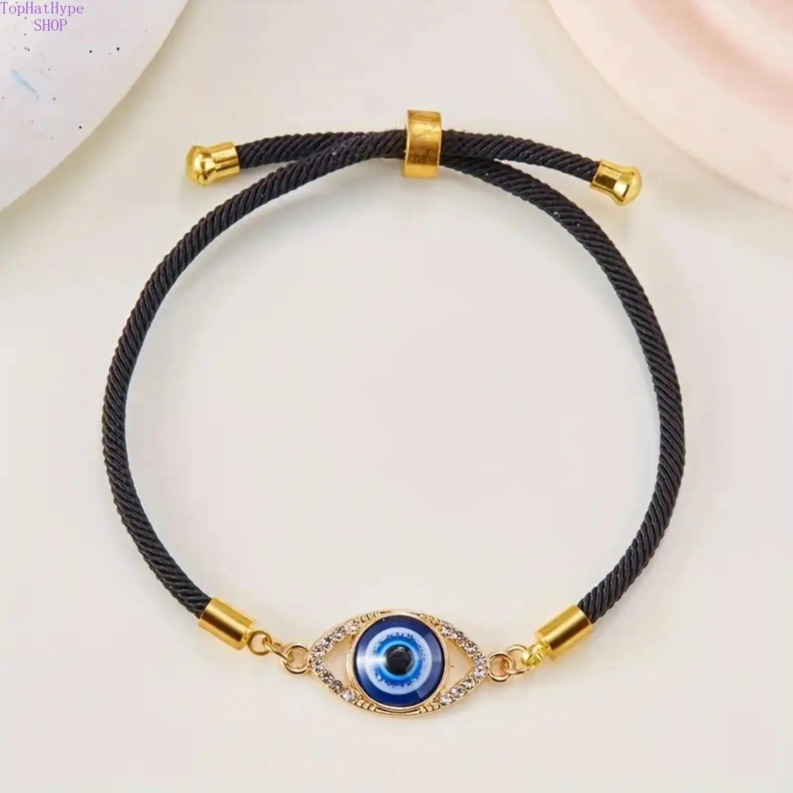 Women's 2PCS Evil Eye Corded Bracelet - Blue Eye Motif Protection Jewelry with Gold-Tone Beaded Charm Detail, Synthetic Minimalist Adjustable Everyday Fashion Accessory Gift