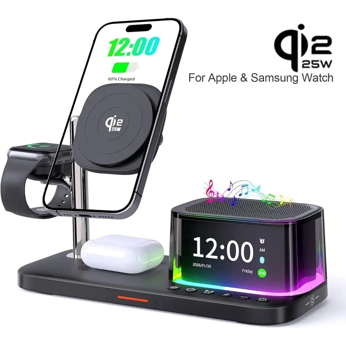 6-in-1 QI2.2 25W Wireless Charging Station, Fast Charger Stand for iPhone 17 Series & Galaxy S25/S26 , Apple Watch& Galaxy Watch, and AirPods, Digital Alarm clock with wireless charging and Bluetooth Speaker
