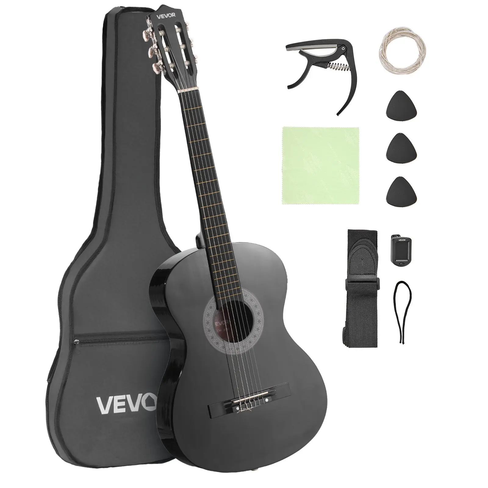 VEVOR 38-in High-Precision Basswood Top Classical Guitar Starter Kit, M5831, Nylon Strings, Gig Bag, Strap, Tuner, Extra Strings, Picks, Capo for Beginners Students