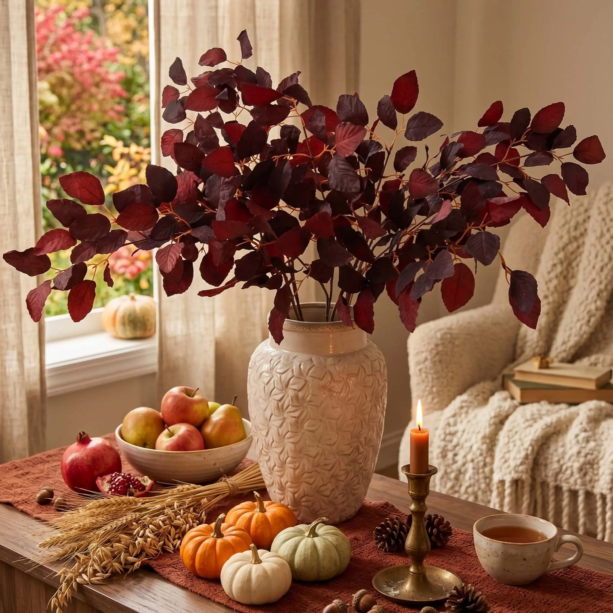 5-Pack Artificial Fall Beech Leaf Bouquet Decor, Decorative Bouquets, Silk Fall Floral Arrangement, Faux Autumn Leaves, Suitable for Indoor Home, Office, Wedding, Table Centerpiece Decoration, and Autumn Atmosphere Decor.