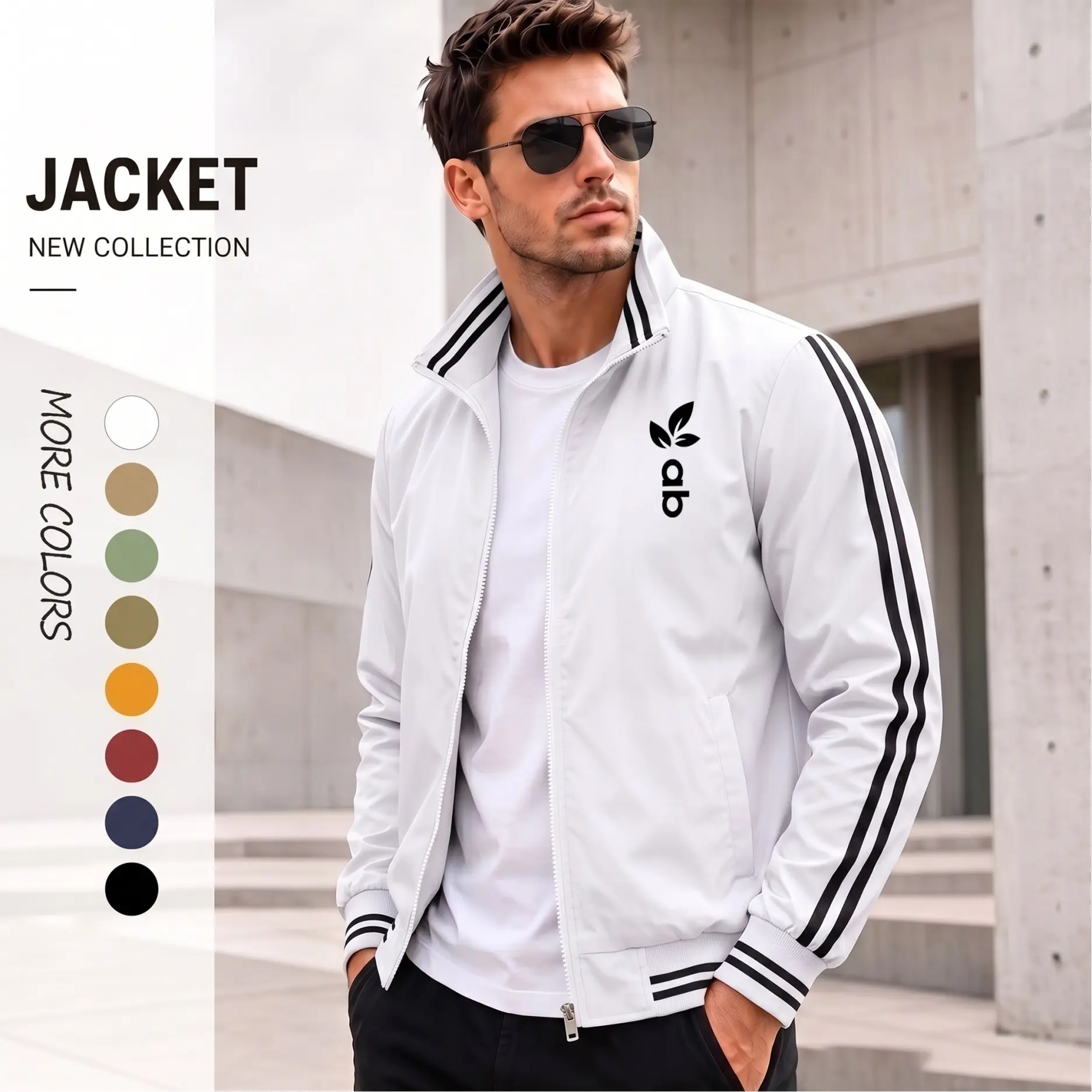 Men’s New Collection Athletic Bomber Jacket – Lightweight Zip-Up Jacket with Minimal Logo Print, Stripe Sleeve Detail & Clean Modern Streetwear Fit