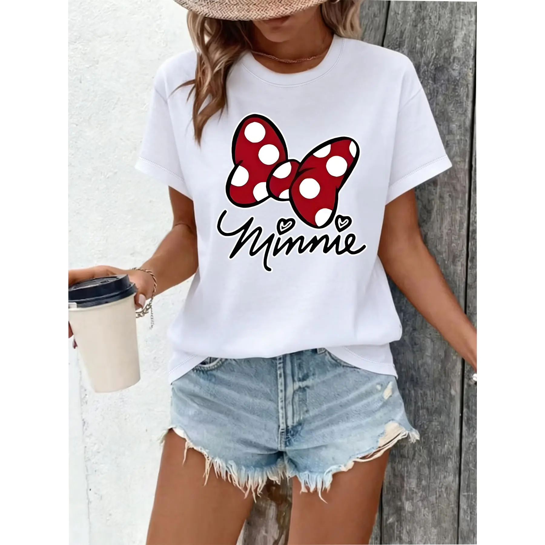 Red Polka Dot Bow and Handwritten Pattern Summer New Women's T-shirt Short Sleeve Top Casual Fashion Printed T-shirt for Women Elegant Women's Clothing