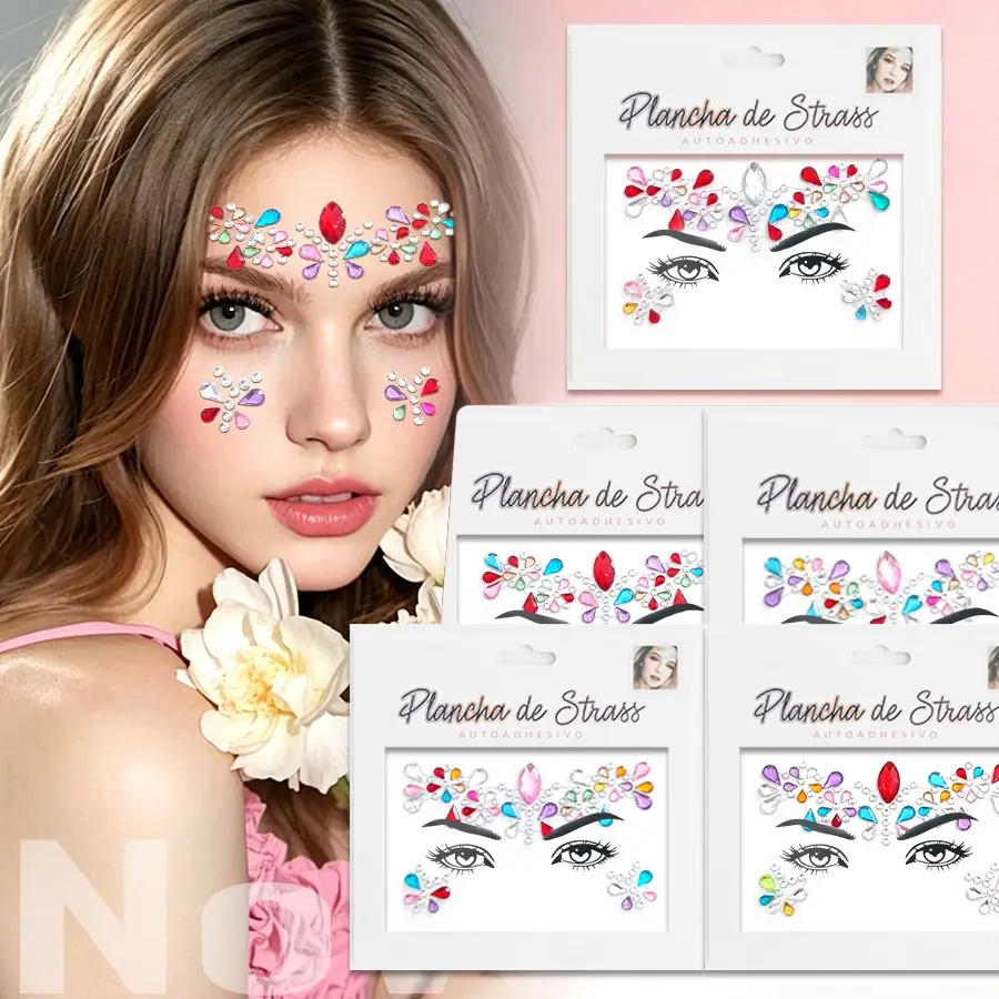 5Pcs Random Face Rhinestone Stickers, Festival Party Stage Makeup Forehead Gems, Eye & Face Sparkling Crystal Decorations, Festival Ready
