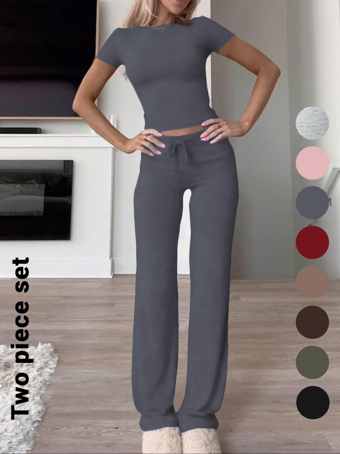 Women's Basic Minimalist Solid Short Sleeve Two-piece Set, Casual Round Neck Crop Tee & Drawstring High Waist Trousers for Daily Wear, Ladies Summer Clothes, Womenswear Women's Basic Minimalist Solid Short Sleeve Two-piece Set, Casual Round Neck Crop Tee & Drawstring High Waist Trousers for Daily Wear, Ladies Summer Clothes, Womenswear