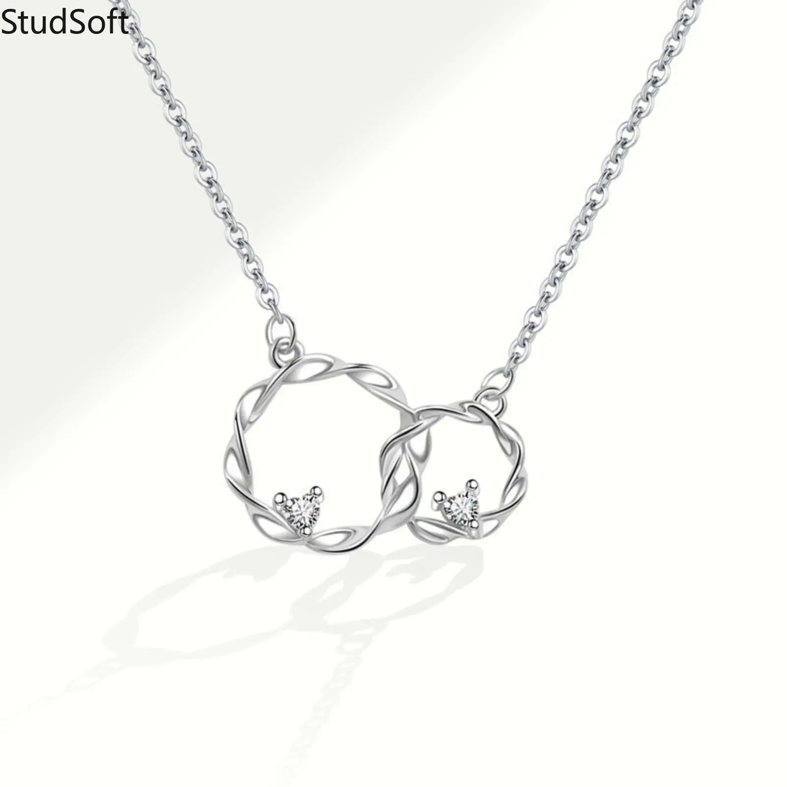 Women 925 Sterling Silver Necklace Interlocking Double Circles Twisted Rope Fashion Heart Cubic Zirconia Karma Jewelry Cute Mothers Day Gift for Mom Daughter