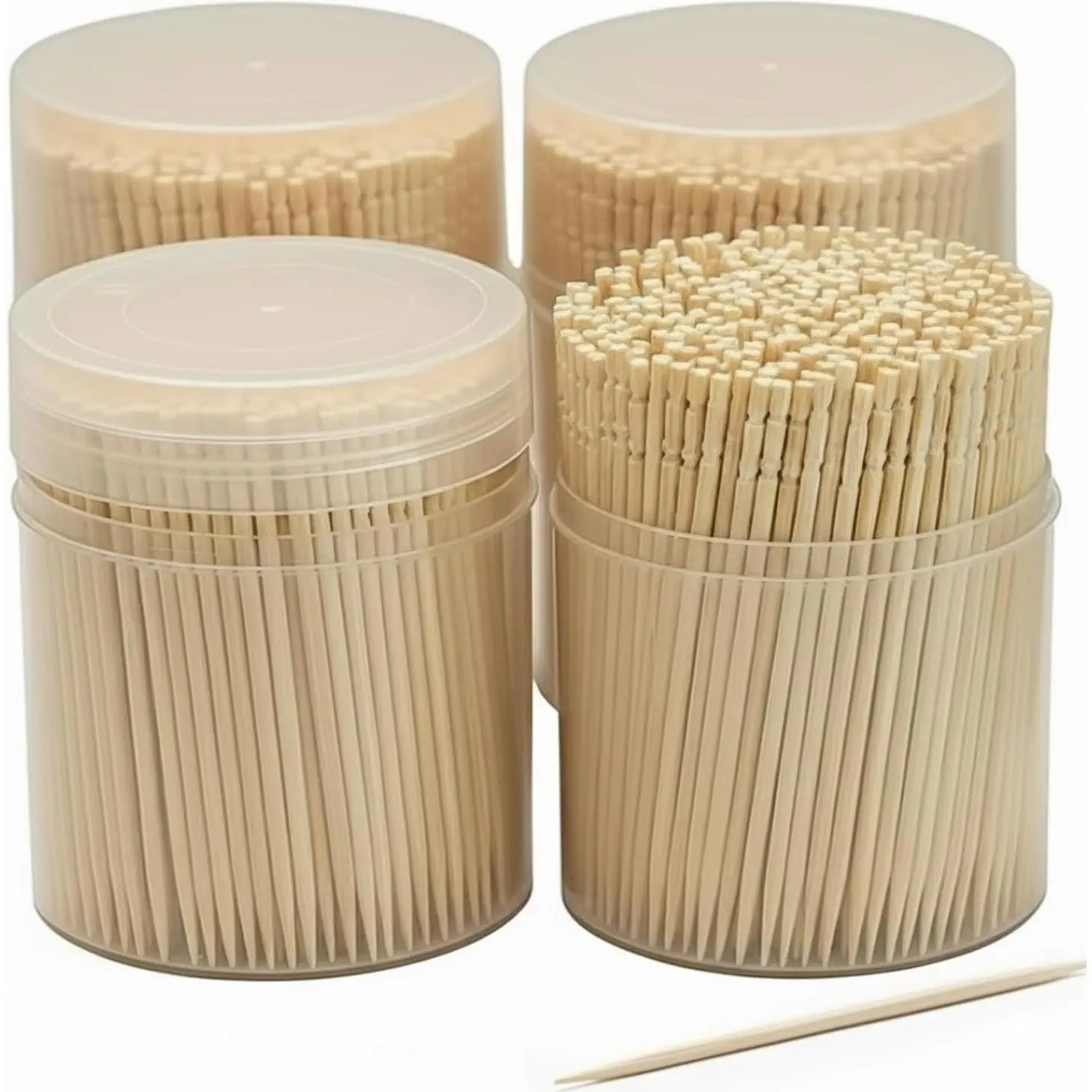 Traditional Single Point Disposable Wooden Toothpicks, Bulk Pack (2000 Count) with 4 Storage Containers (500 Toothpicks per Container) for Kitchenware, Barbecue Utensils Use
