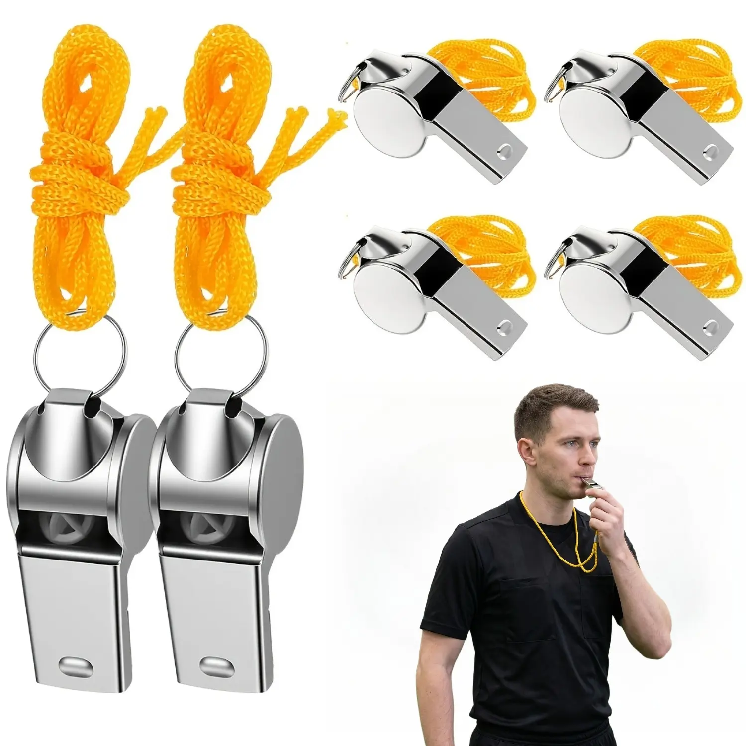 6pcs Stainless Steel Coaches Whistles, with Lanyards, High-Pitched Referee Whistles, Bulk for Coaches, Emergency, Training, Teachers, Lifeguards And Outdoor Activities