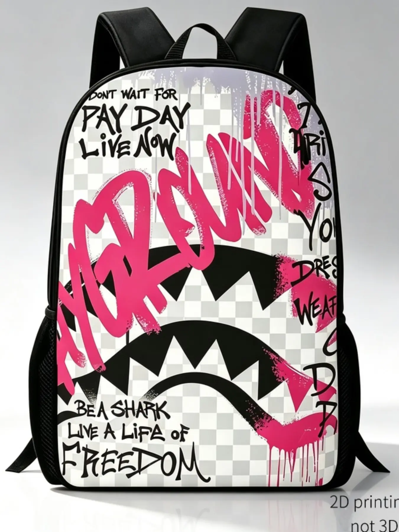 Graffiti Checkered Print Backpack, 2D Flat Print, Streetwear Hip Hop Style, Dual Shoulder Bag, Fashionable and Trendy