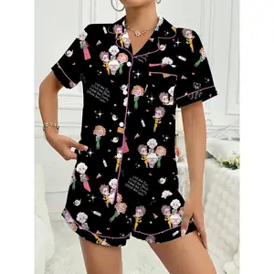 Golden Girls Character Print Pajama Set, Short Sleeve Lapel Top & Shorts, Comfortable Loungewear, All-Season Casual Homewear, Soft Printed Matching Sleepwear, Holiday Birthday Gifts For Women