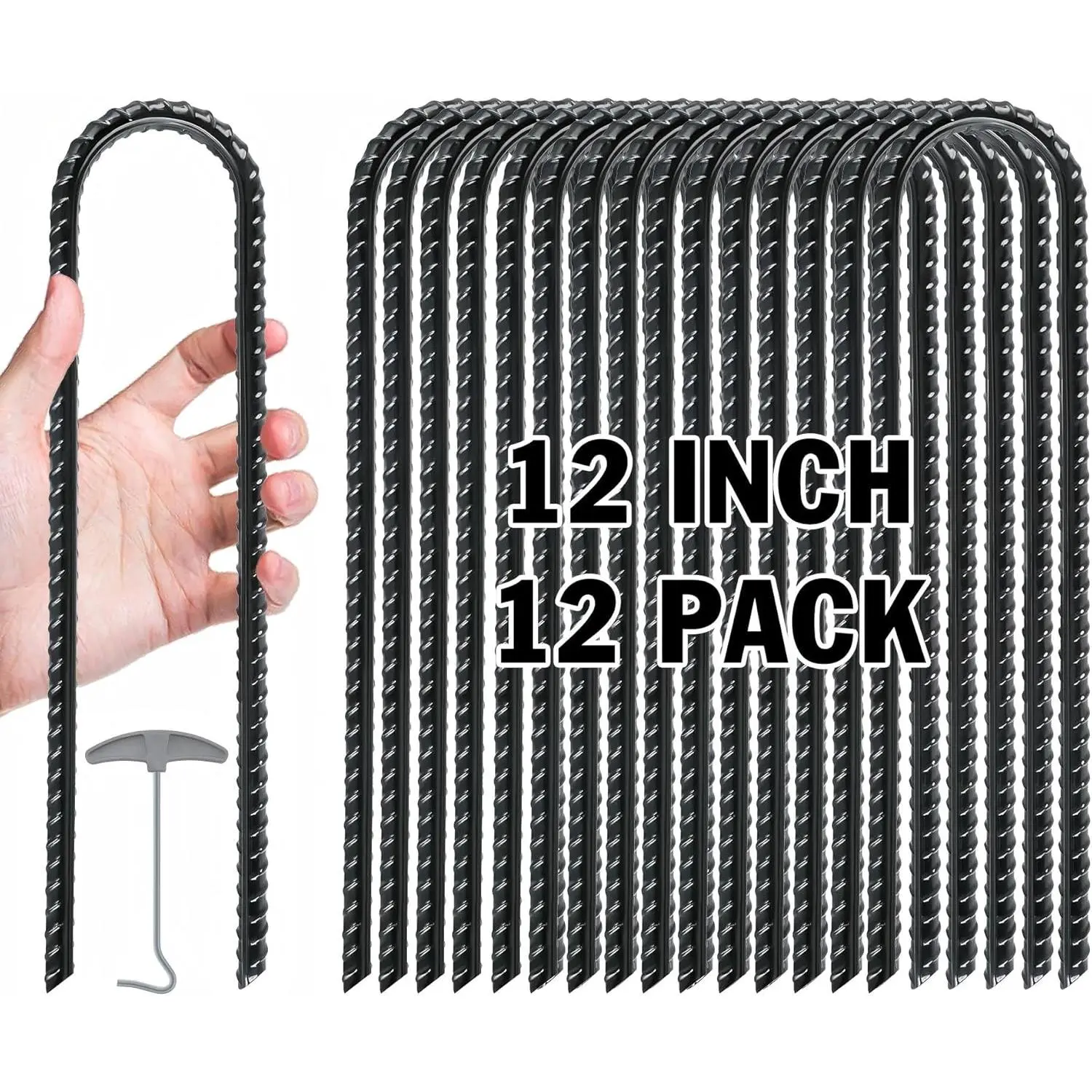 Trampoline Stakes Heavy Duty, 12/16 Inch U-Shaped Ground Anchors, 8mm Galvanized Steel Rebar Wind Stakes for Trampoline Safety, Anti-Rust Outdoor Stakes for Trampoline, Tent, Swing Set