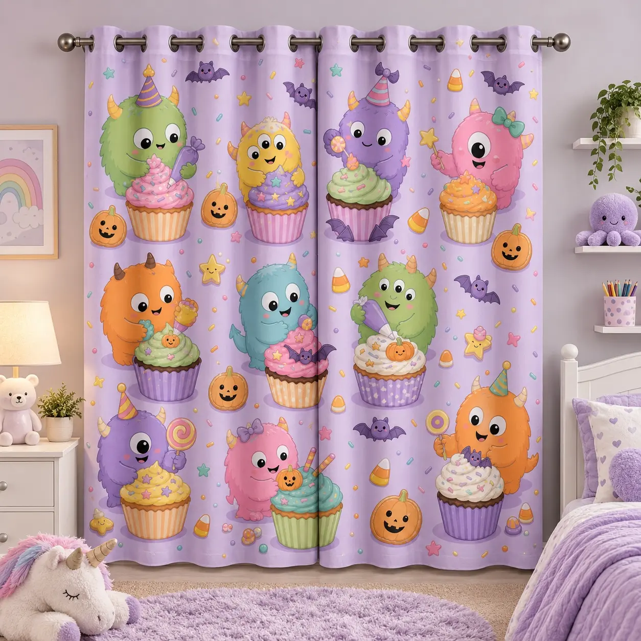 Kids' 2-Panel Grommet Top Halloween Blackout Curtain Set - Cute Monster, Cupcake, Pumpkin, Candy Print Drapes, Room-Darkening Privacy Curtains for Bedroom Decor, Festive Home Accent