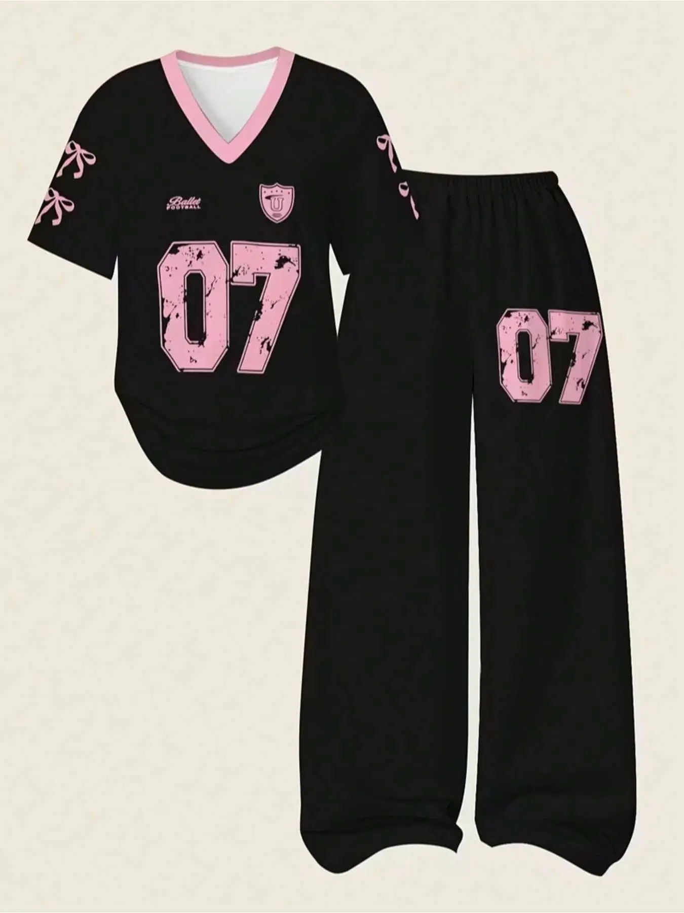Girls Y2K Sweet Sporty Tracksuit, Athletic Set, V Neck Bow Sleeve Top, Wide Leg Pants, Soft Breathable Fabric, Perfect for Girls