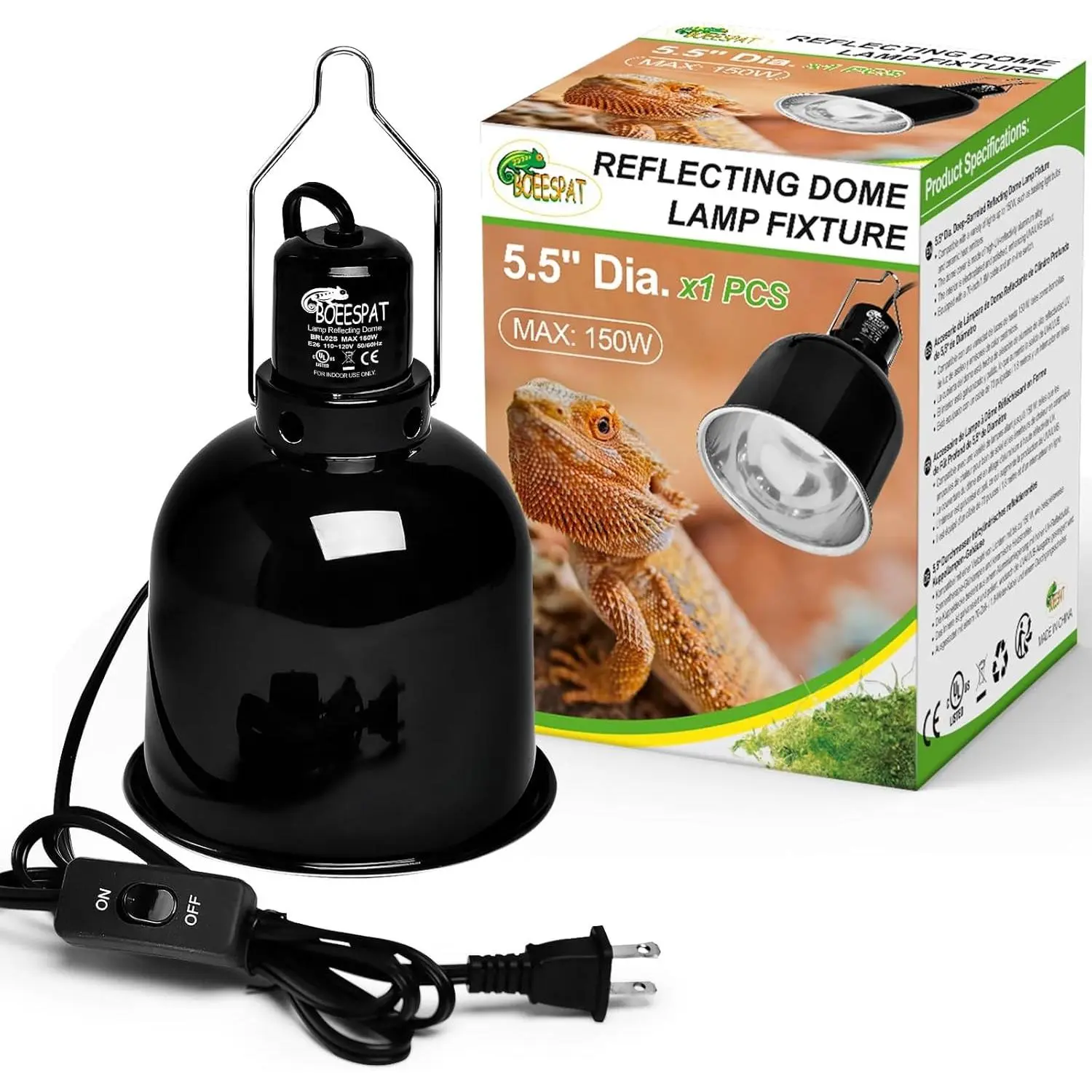 Reptile Light Fixture 5.5 inch Deep Dome with Switch, Optical Reflecting Cover for UVB/UVA Basking Bulbs & Ceramic Heat Emitters