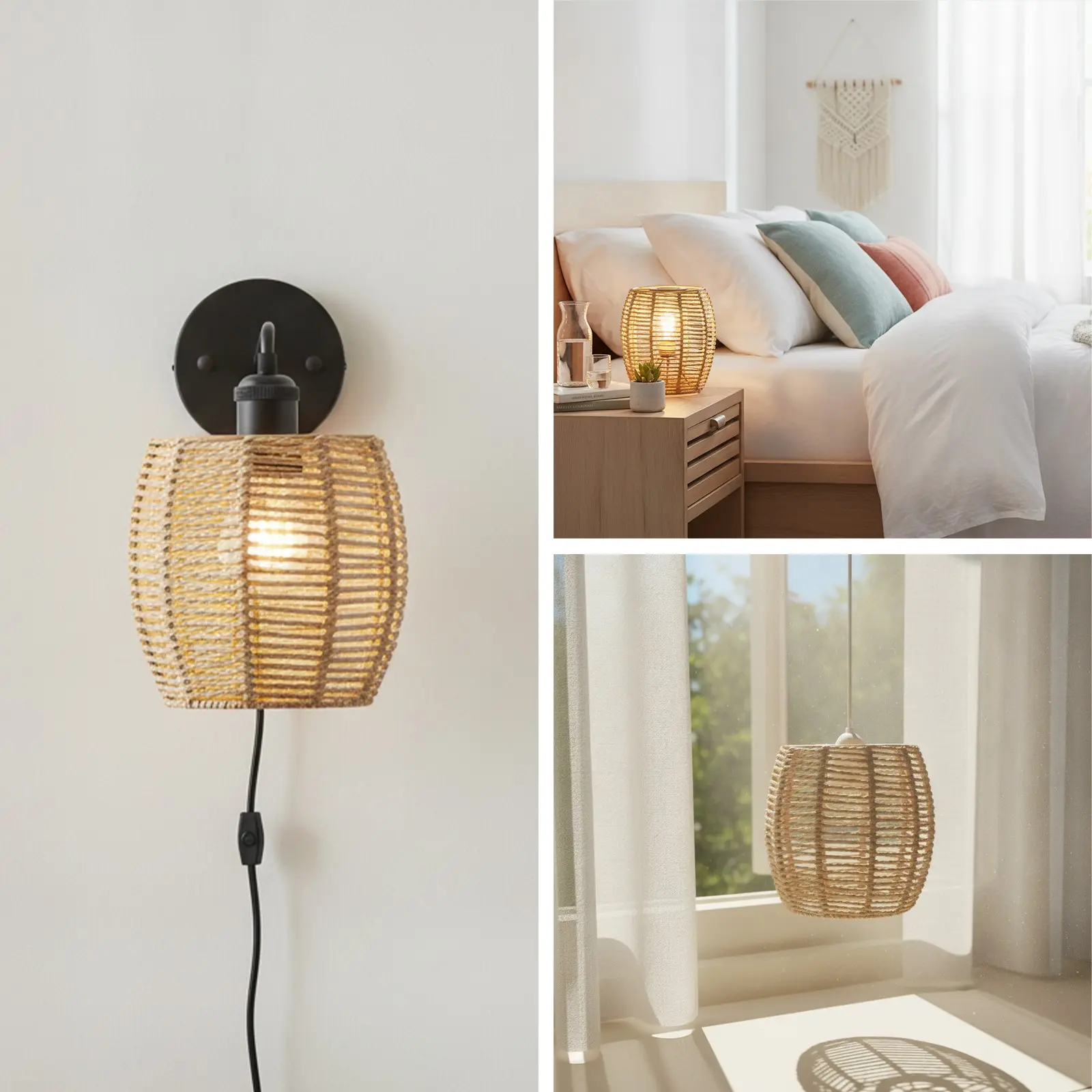 Bohemian Vintage Handmade Paper Wicker Lamp Shade, Oval Drum Wicker Light Cover, Metal Support, Indoor Decor, Soft Furnishing Accessory