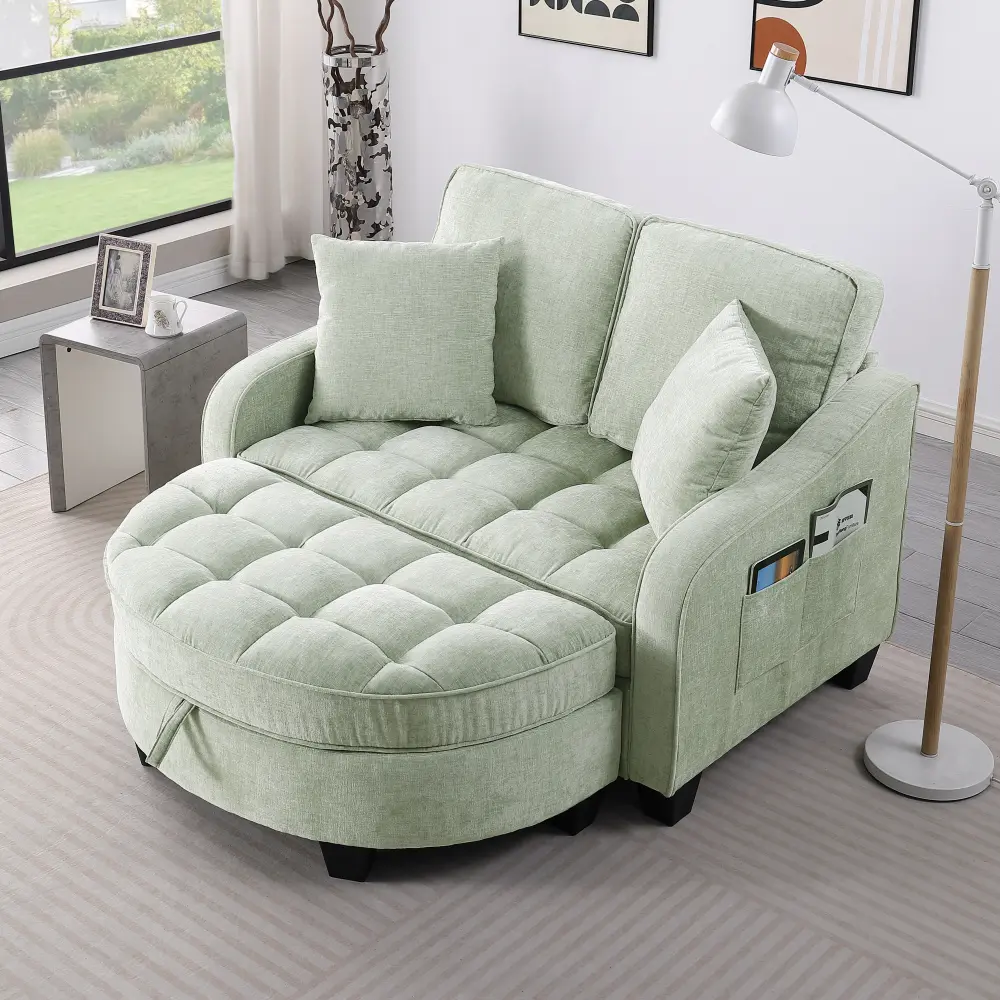 Two-seater sofa, double sofa chaise longue, with irregular armrests and backrests, footrest with storage space, comes with two small throw pillows, suitable for living room and bedroom