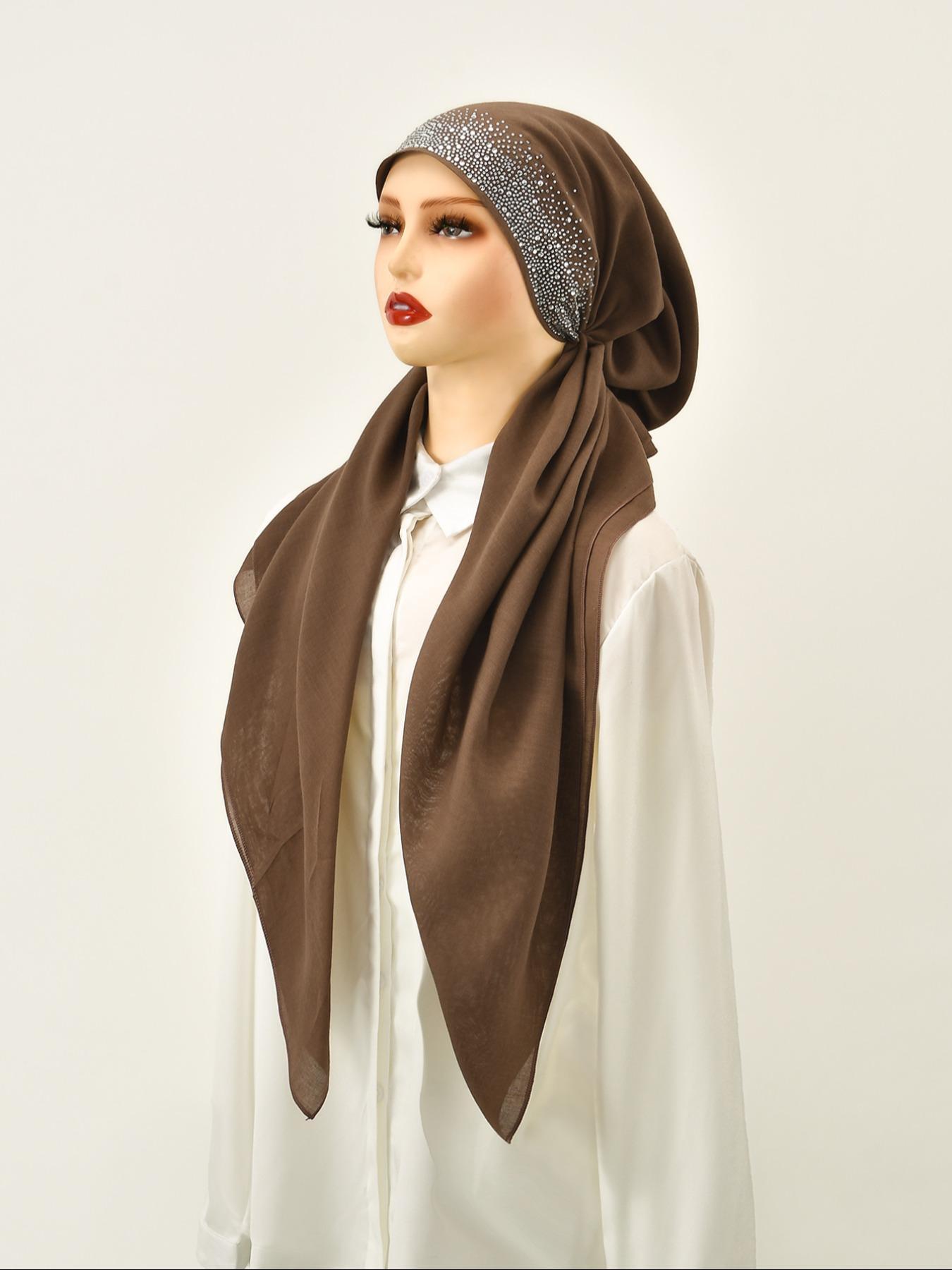 Women's Solid Color Rhinestone Decor Instant Hijab, Modest Fashion Breathable Hijab for Daily Wear, Women's Islamic Accessory for All Seasons, Turban Style Hijab