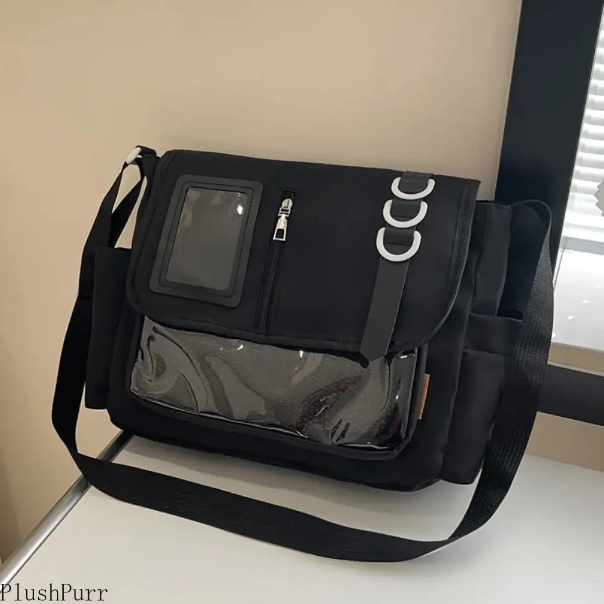 Oxford Fabric Ita Crossbody Messenger Bag, Clear PVC Display Window, Large‑Capacity Multi‑Pocket Shoulder Bag with Adjustable Wide Strap, Ideal for Anime Collectibles Display, Daily Commute & Travel Use