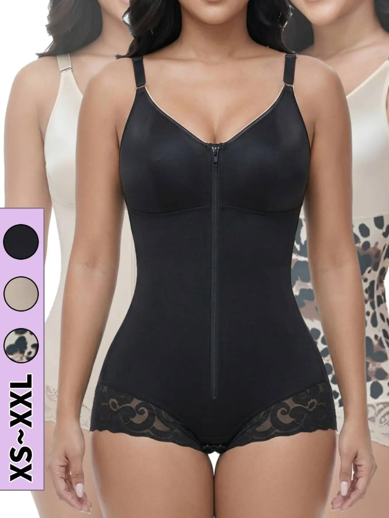 Women's Zip Front Shapewear Bodysuit, Adjustable Thin Straps, Lace Trim, Butt Lifting, Compression, XS-Xxl, Multiple Colors Available