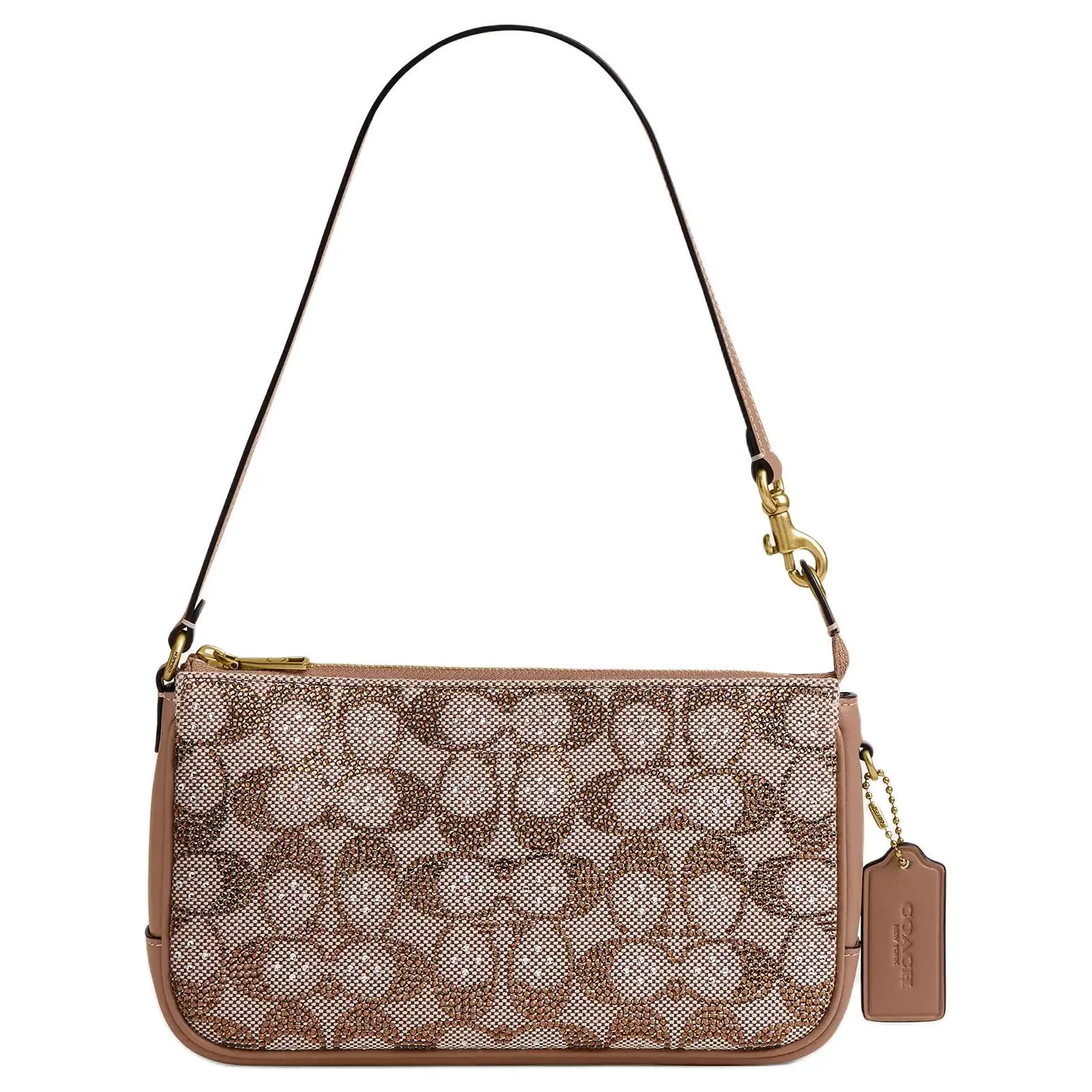 COACH Plaza 21 Crystal-Embellished Fabric Shoulder Bag for Women, Small Size, Gold-Tone Brass and Mushroom Beige