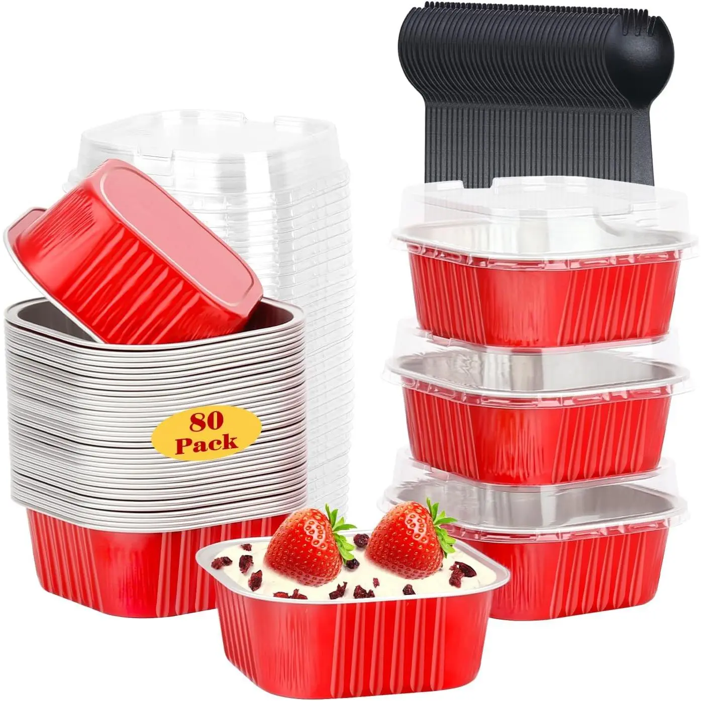 80-Pack 10oz Foil Mini Cake Pans with Spoons, 4" Size Oven-Safe Disposable Square Baking Tins, Food-Grade Cinnamon Roll Containers for Christmas Party Small Dessert Cups, Red