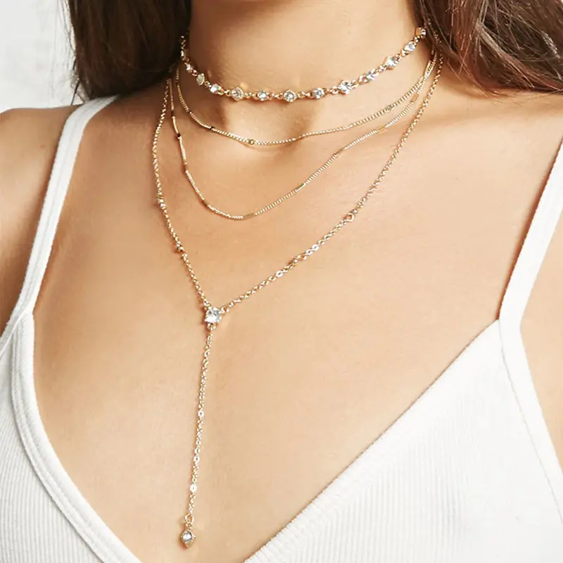 Layered Lariat Necklace for Women, 2-Toned Rhinestone Choker and Y-Drop Statement Chain with Crystal Beads, Two Toned Necklace