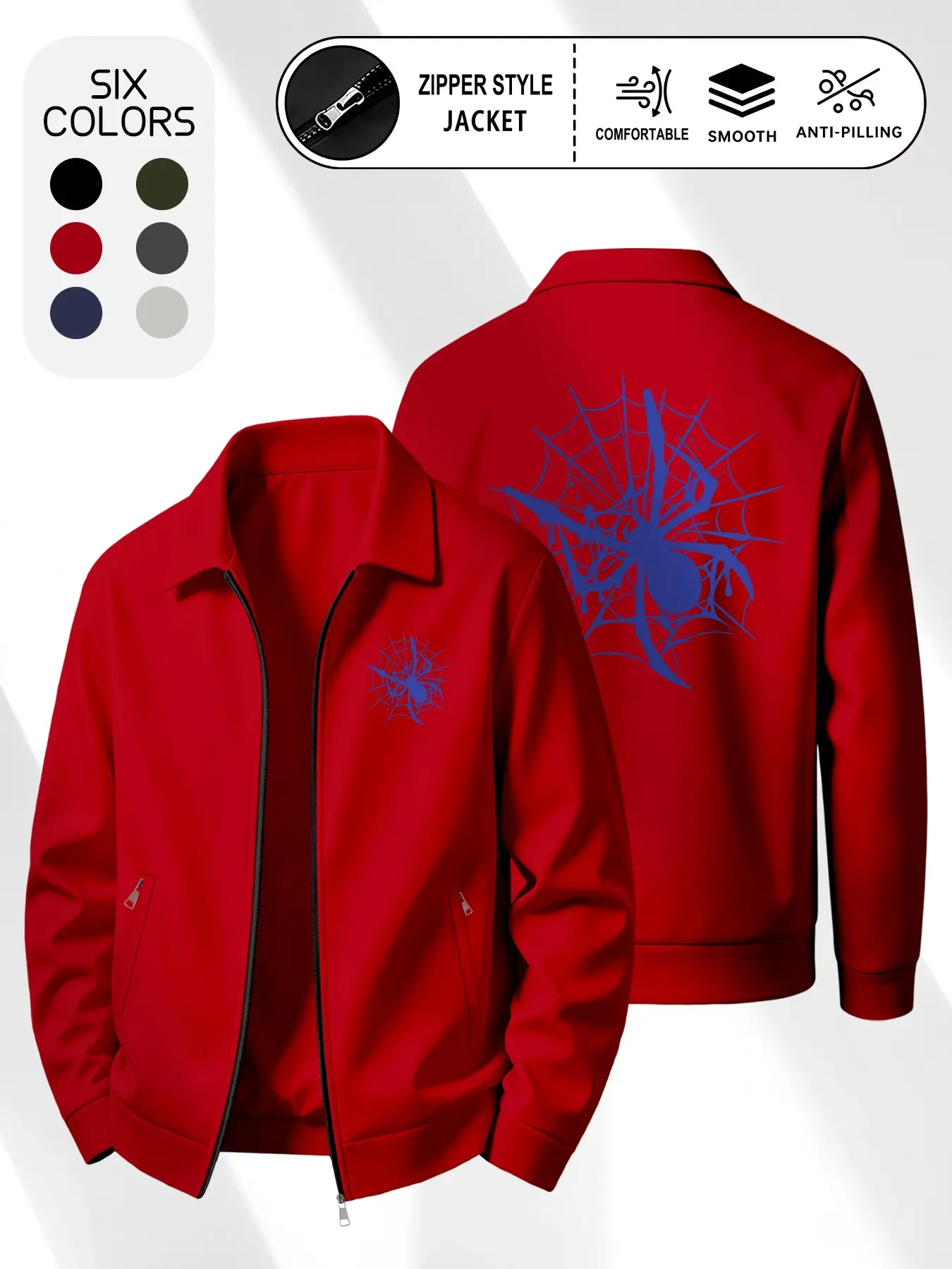 Men's American Street Spider Web Print Lapel Jacket, Lightweight Zipper Outerwear, Casual Long Sleeve, Spring & Fall Fashion, Coats