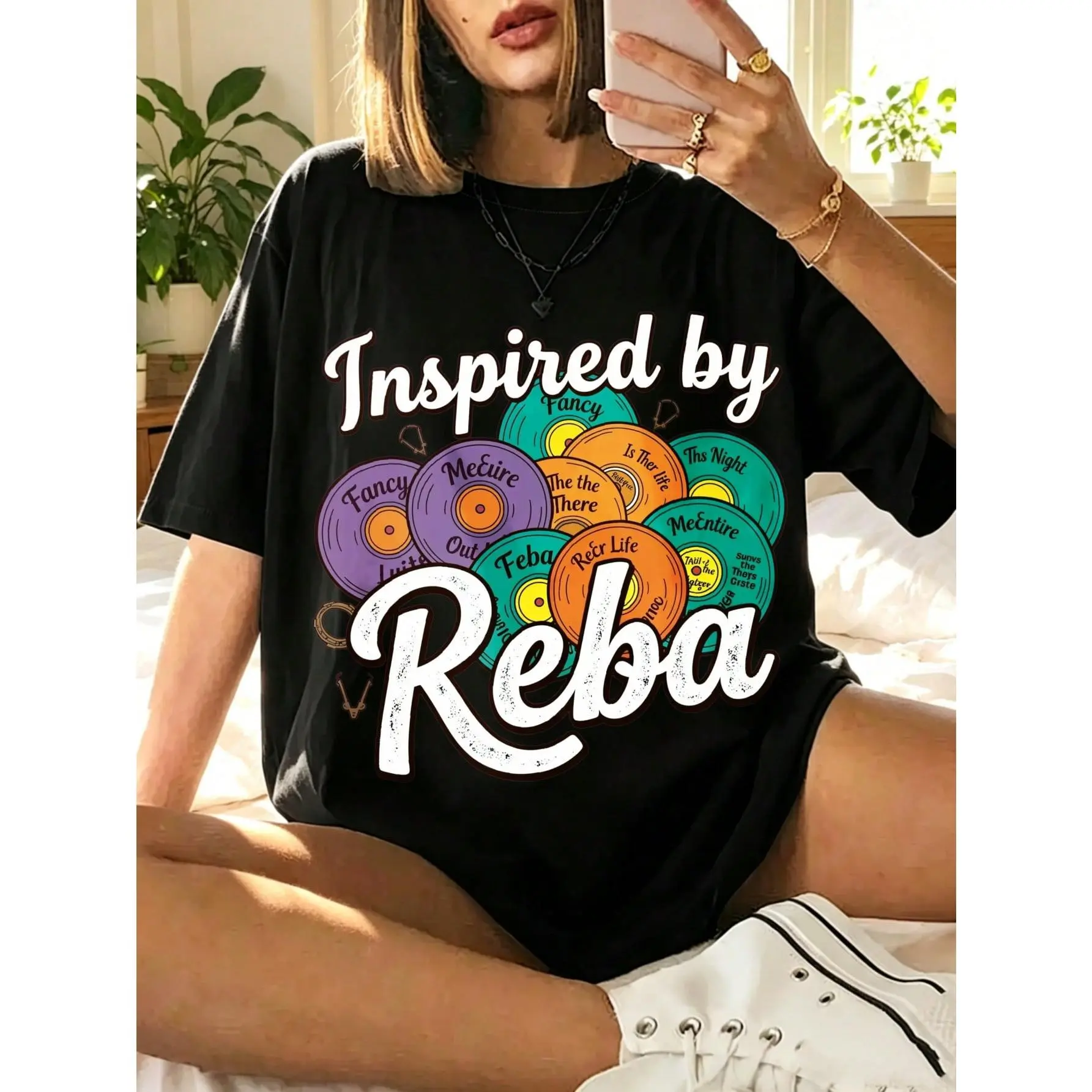 Women's Retro Casual Short-Sleeve Round Neck Fit T-Shirt - Reba McEntire Vinyl Records Graphic, Summer Daily Outdoor Wear, Gift For Country Music Fans, Shortsleeve, Top