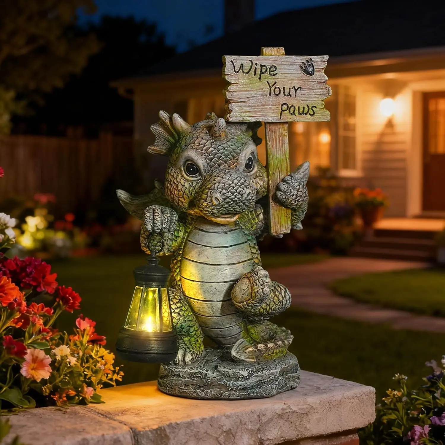Solar Dragon Garden Statue with  Lantern - Cute Welcome Sign,   Dinosaur Figurine, Outdoor Yard Decor for Front Door, Porch, Patio,   Lover