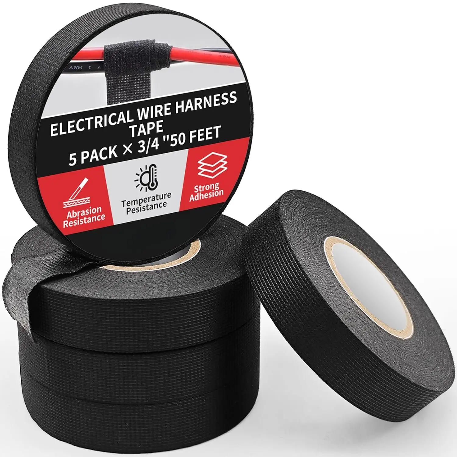 5 Rolls 3/4"x50ft Polyester Wiring Harness Tape Roll, Heat Resistant Self-Adhesive Fabric Tape for Automotive Electrical Engine Wire Wrapping, Cable Protection & Noise Damping