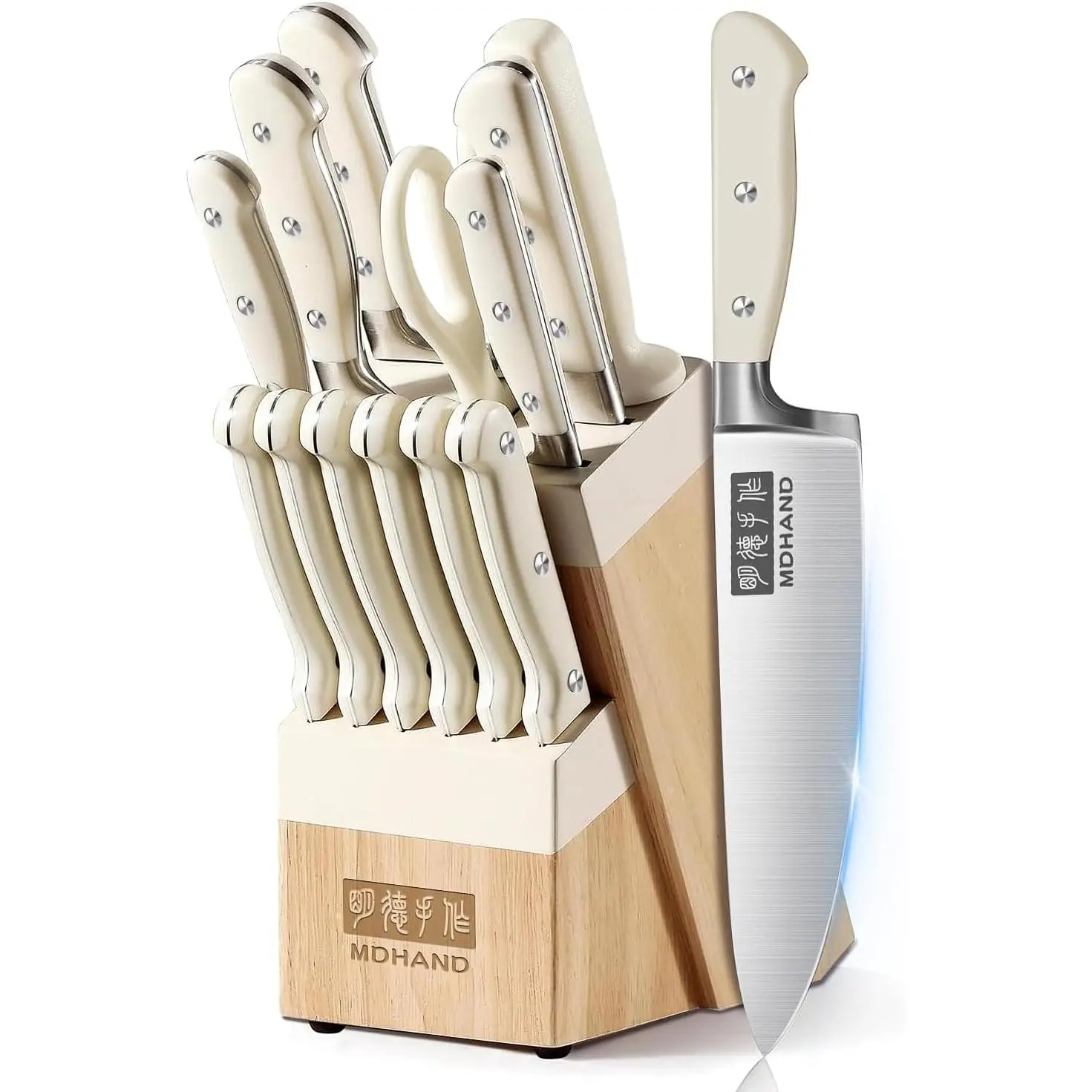 MDHAND 14 Pieces Knife Set with Block, High Carbon Stainless Steel Kitchen Knife Set with Sharpener, Razor Sharp Chef Knives Set with Anti-Slip Ergonomic Handle, Dishwasher Safe