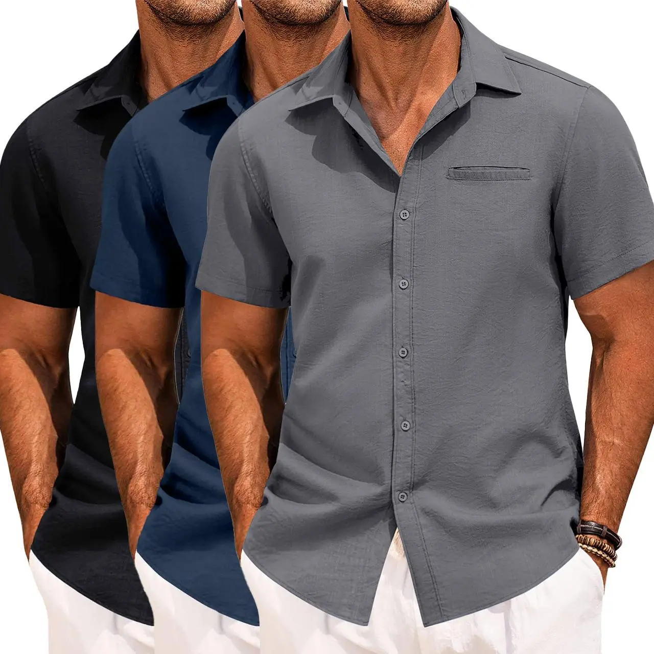 Men's 3-Pack Plain Solid Color Shortsleeve T-Shirts - Casual Streetwear Tops with Fine Details for Daily Commutes, Vacation Outfits (Navy Blue+Sky Blue+Light Green), Men's T Shirts, Natural Fit, 3Pcs Navy Blue, Menswear, All-Day Men's Casual Shirts